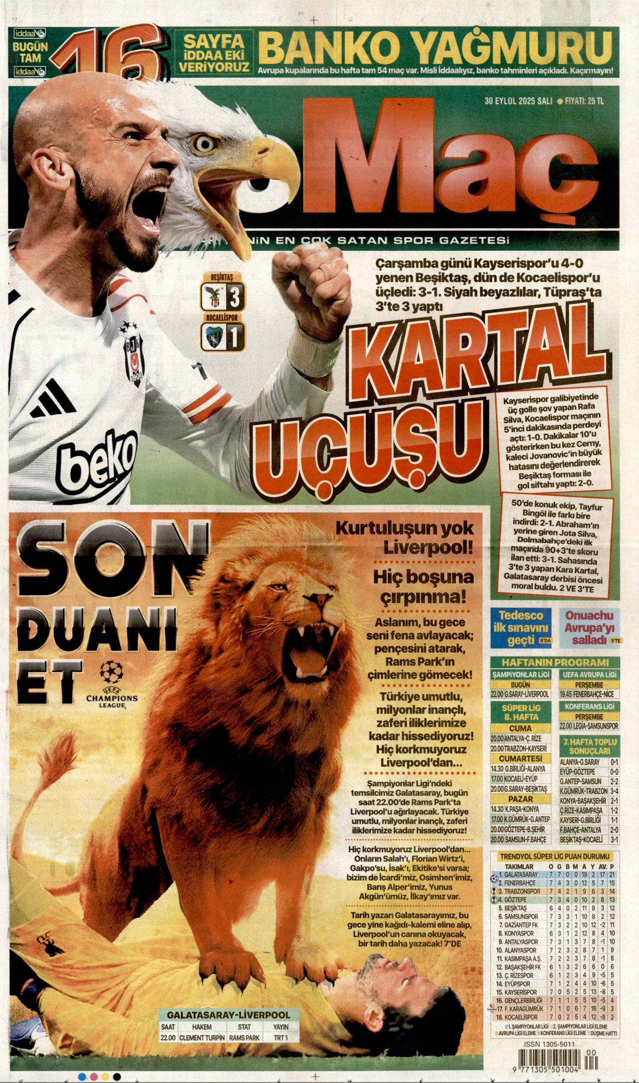 FOTOMAÇ gazetesinin 30 Eylül 2025 tarihli birinci sayfası