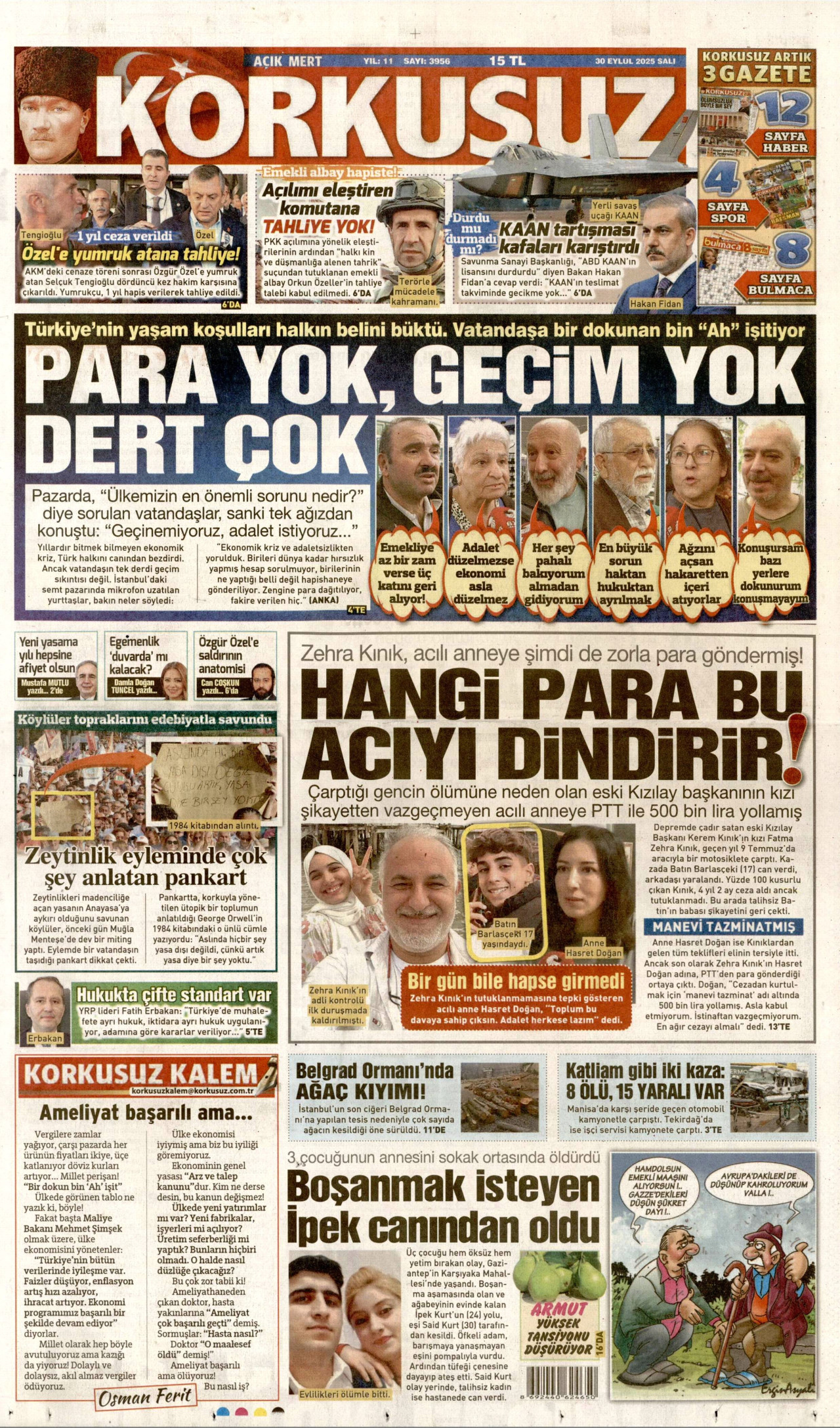 KORKUSUZ gazetesinin 30 Eylül 2025 tarihli birinci sayfası