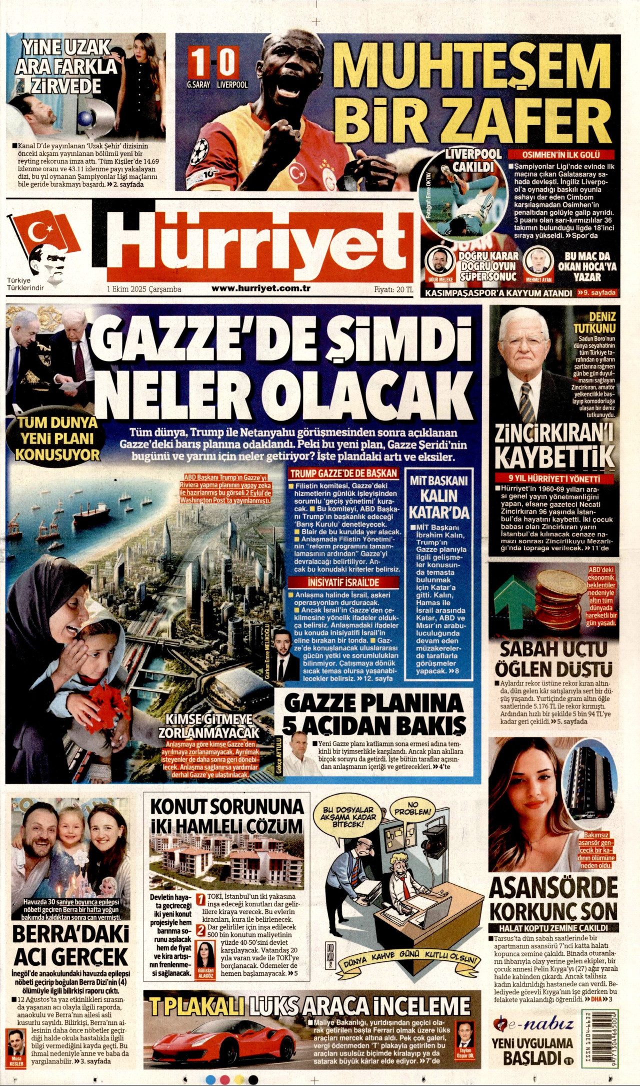 HÜRRİYET gazetesinin 1 Ekim 2025 tarihli birinci sayfası