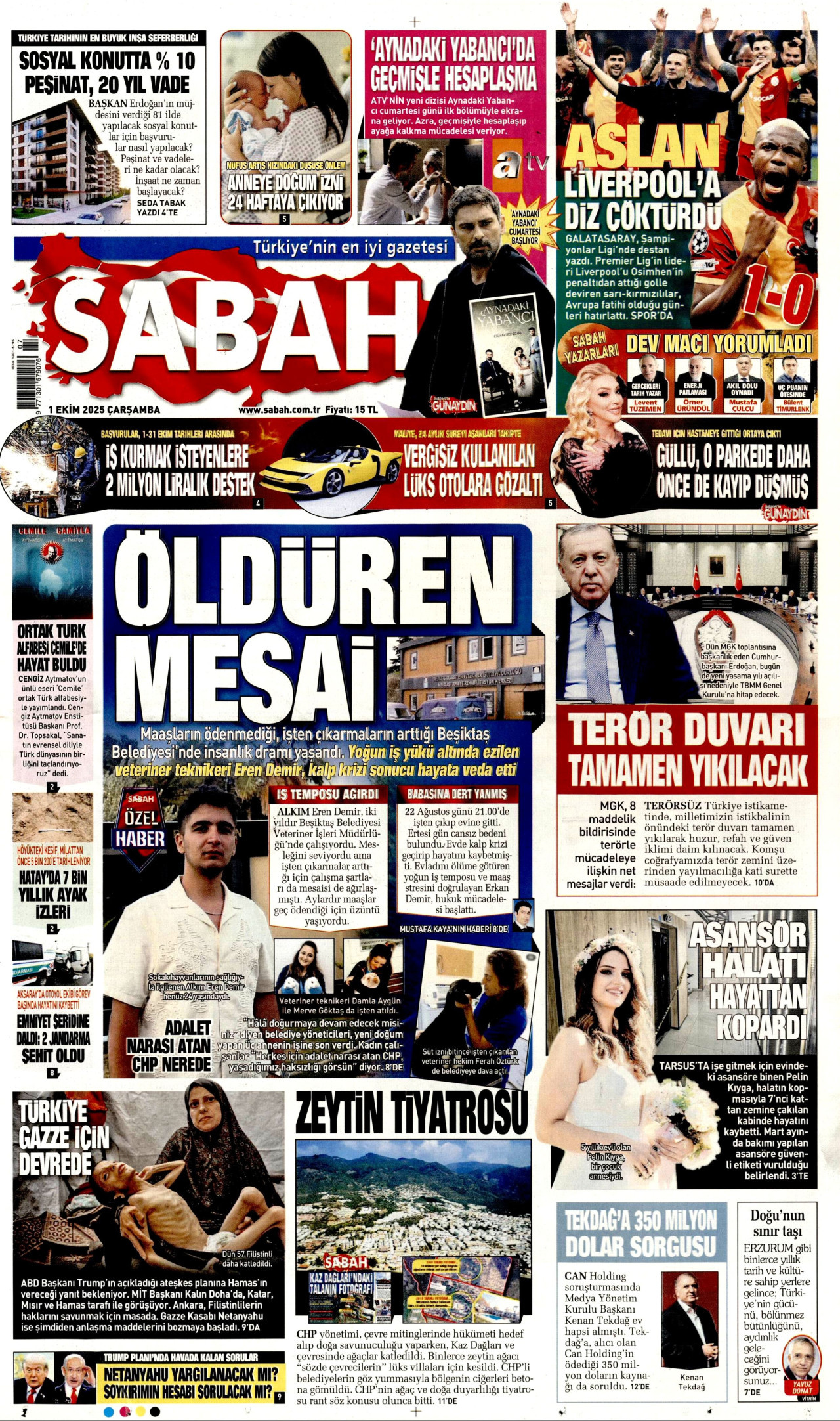 SABAH gazetesinin 1 Ekim 2025 tarihli birinci sayfası
