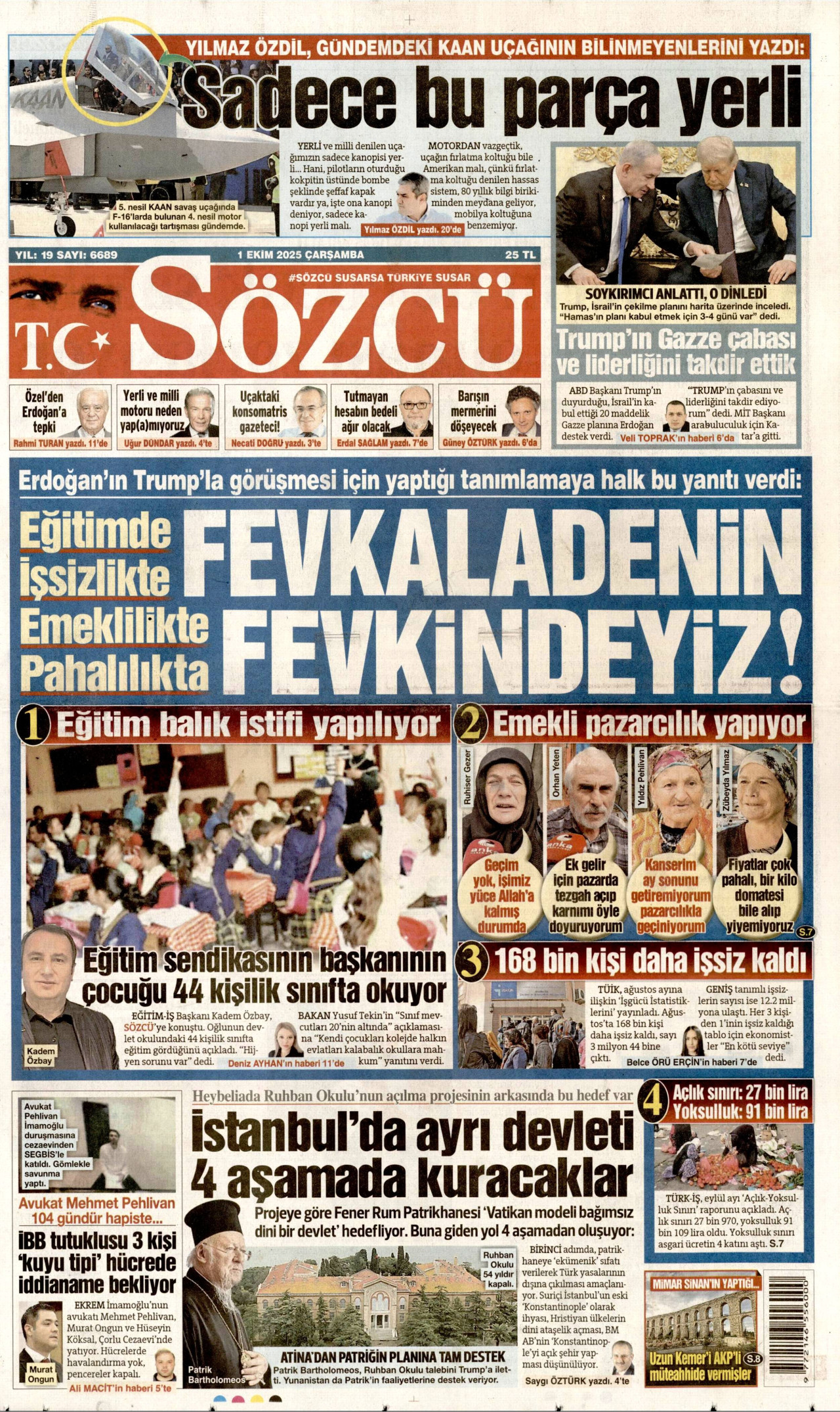 SÖZCÜ gazetesinin 1 Ekim 2025 tarihli birinci sayfası