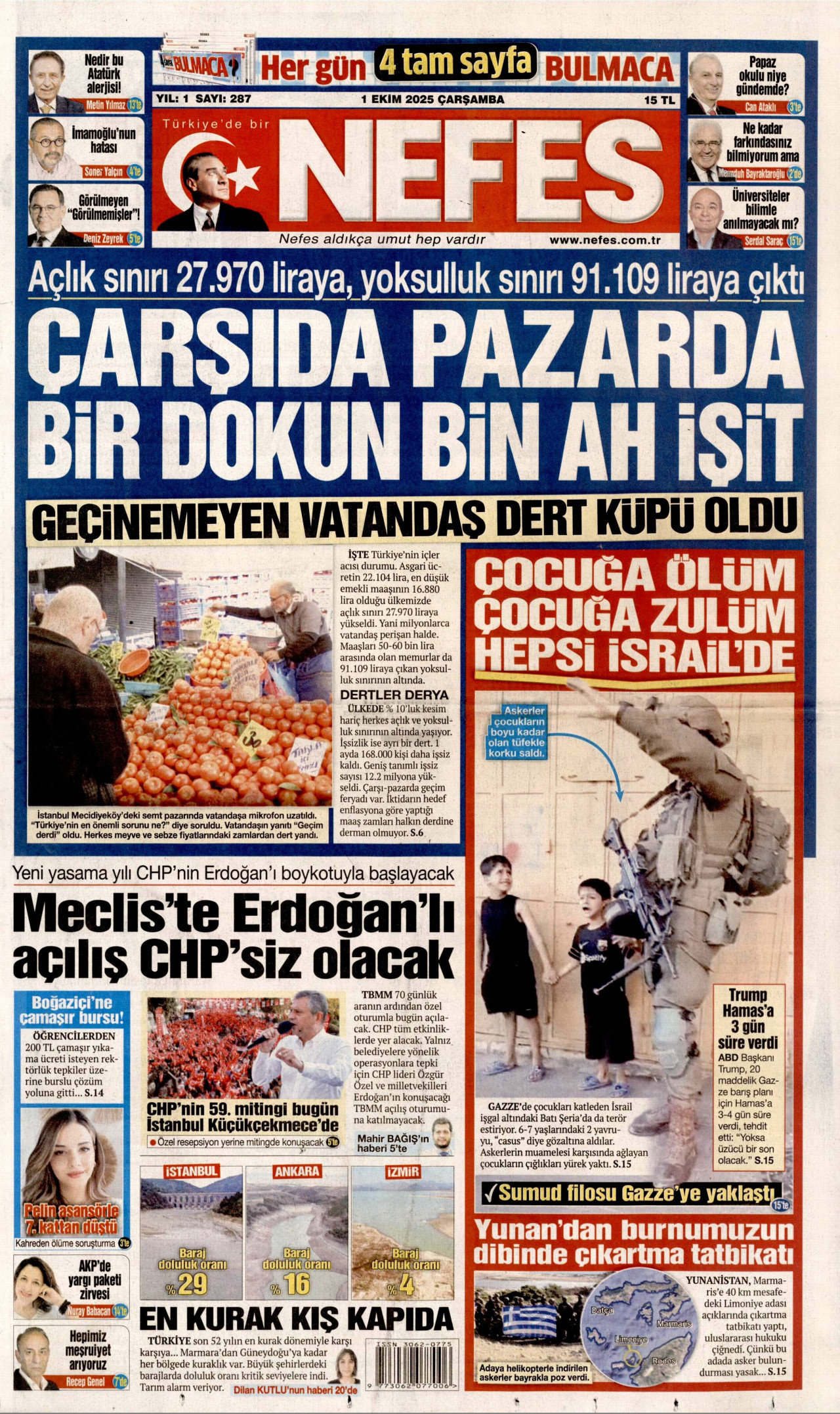 NEFES gazetesinin 1 Ekim 2025 tarihli birinci sayfası