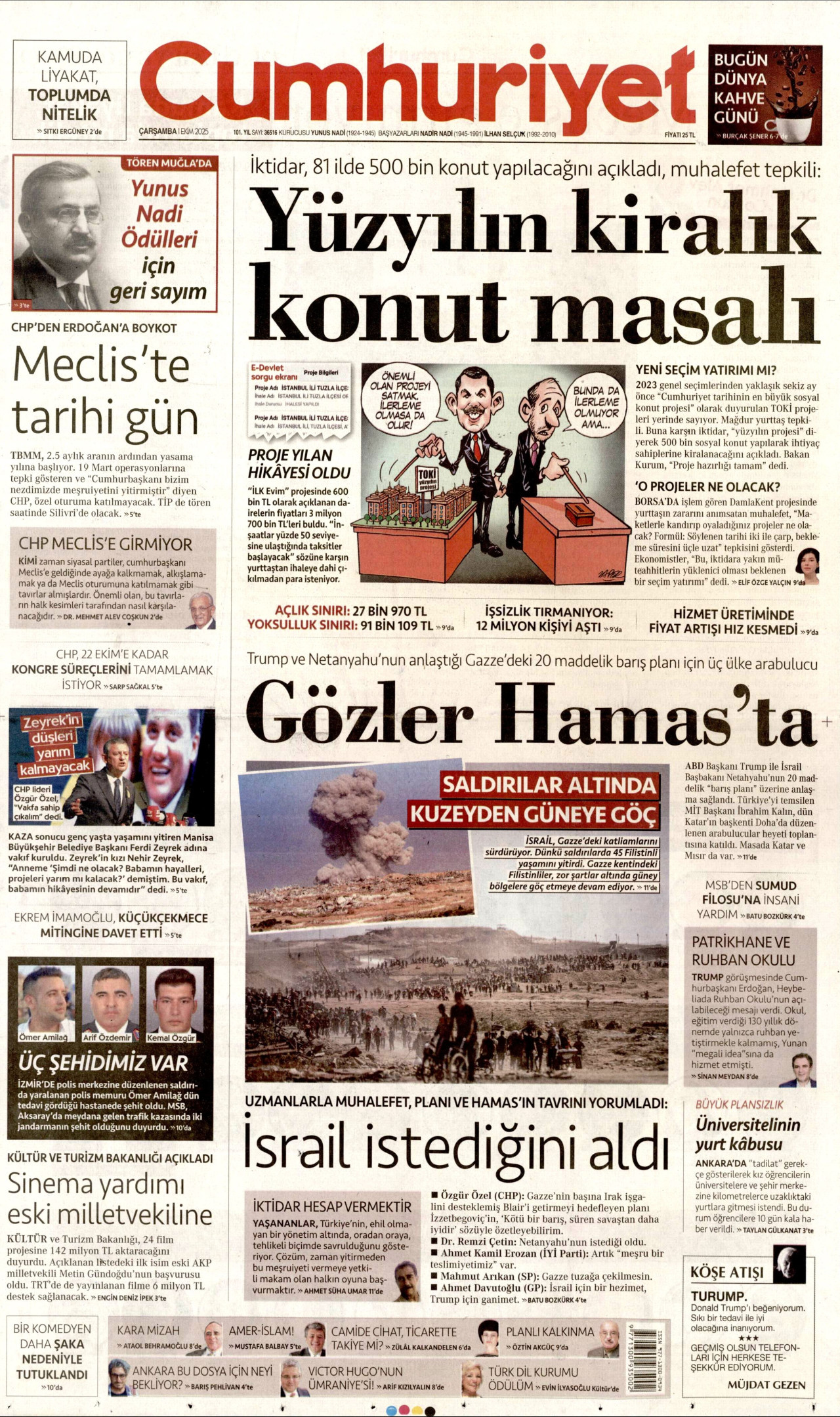 CUMHURİYET gazetesinin 1 Ekim 2025 tarihli birinci sayfası