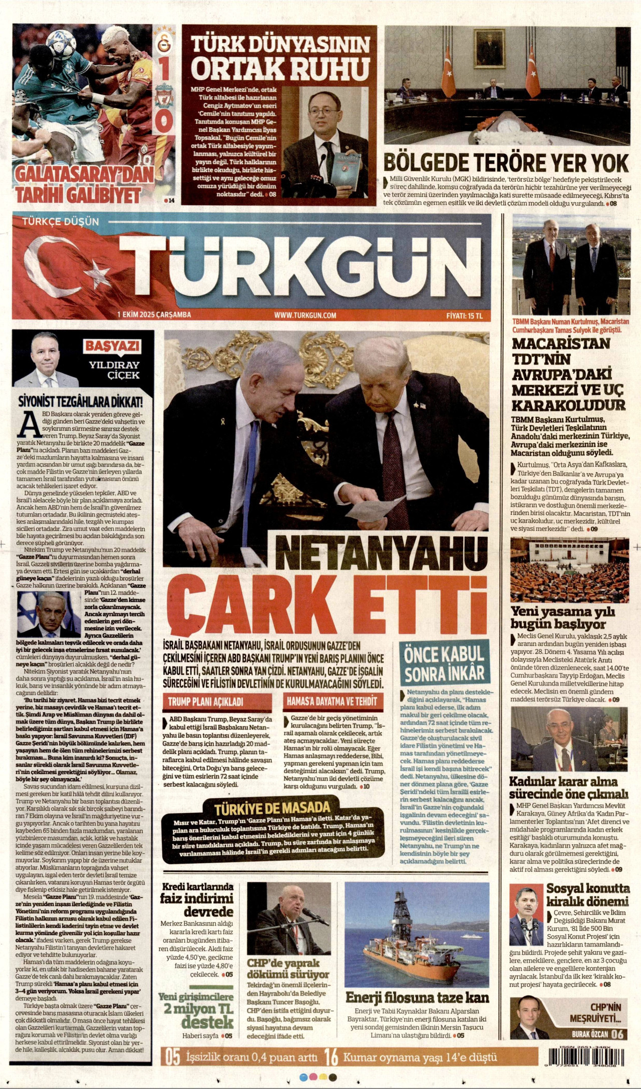 TÜRKGÜN gazetesinin 1 Ekim 2025 tarihli birinci sayfası