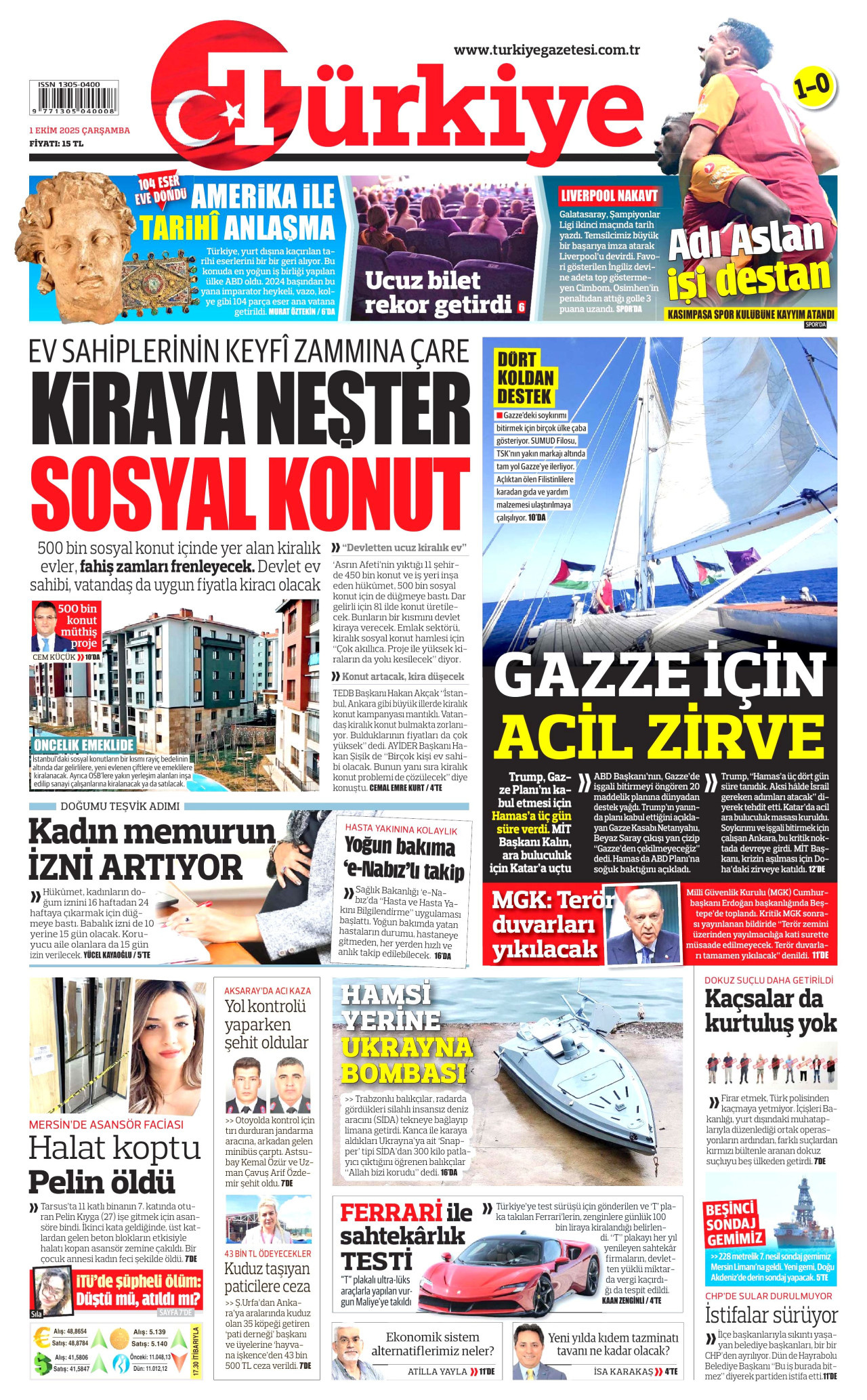 TÜRKİYE GAZETESİ gazetesinin 1 Ekim 2025 tarihli birinci sayfası