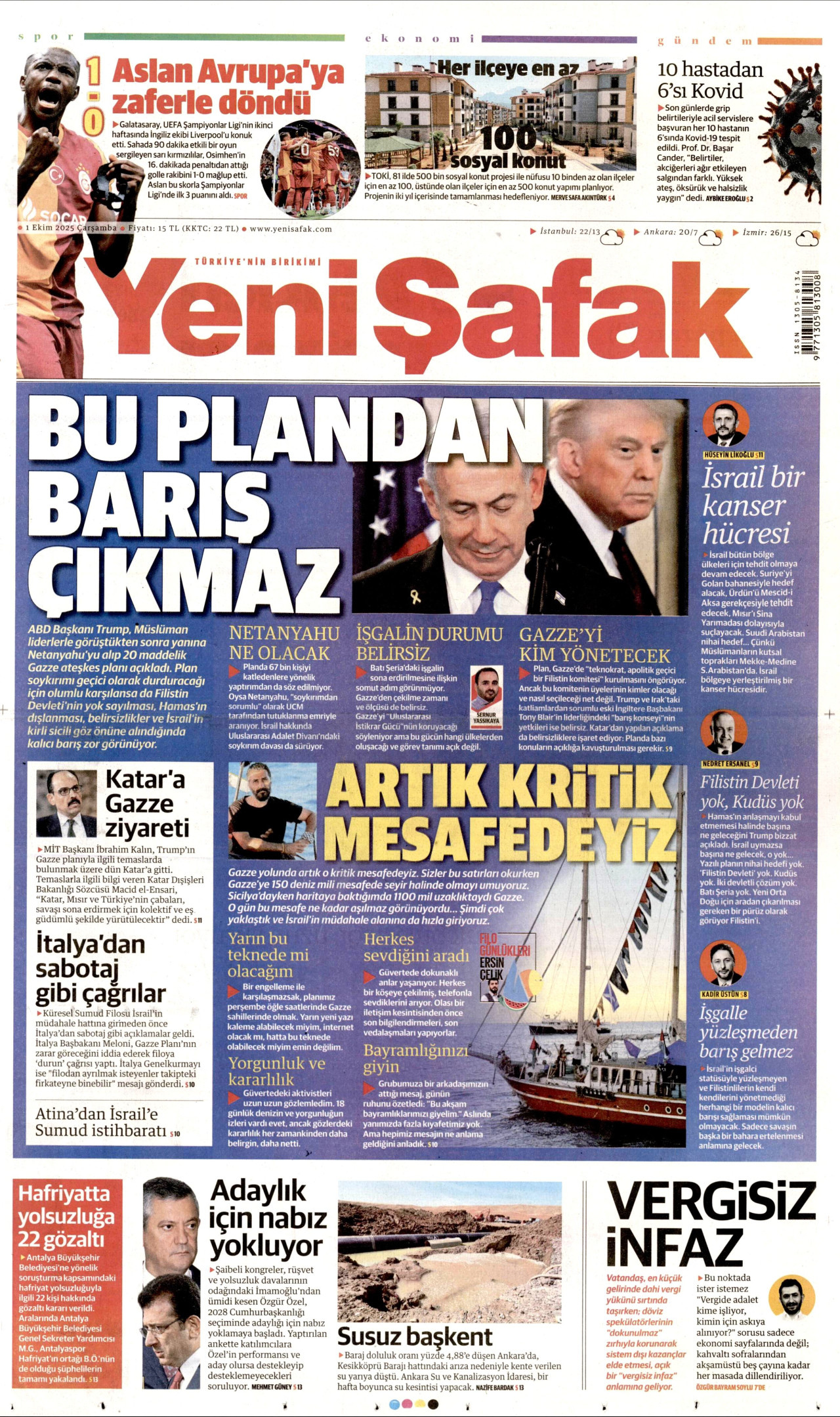 YENİ ŞAFAK gazetesinin 1 Ekim 2025 tarihli birinci sayfası