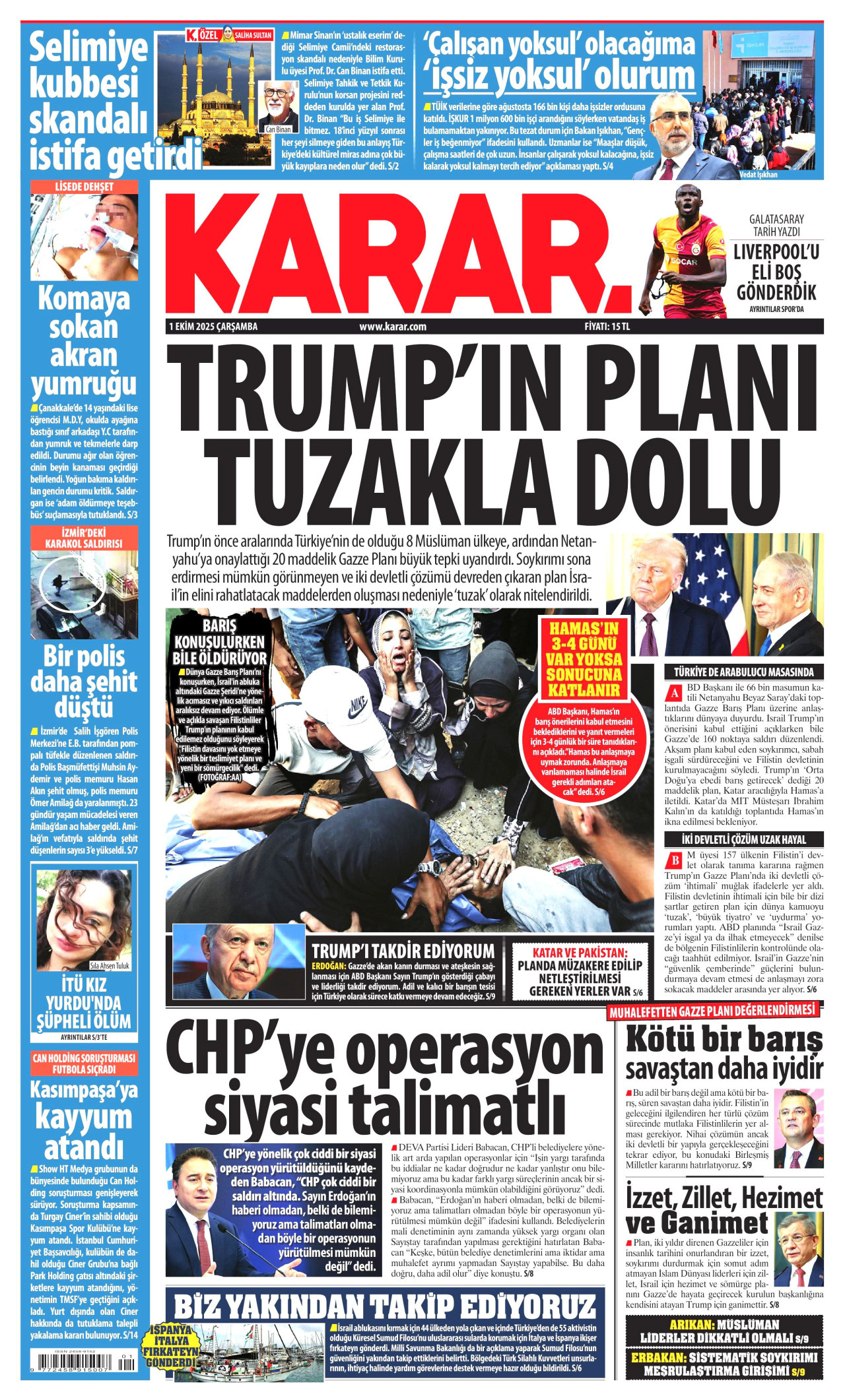 KARAR gazetesinin 1 Ekim 2025 tarihli birinci sayfası