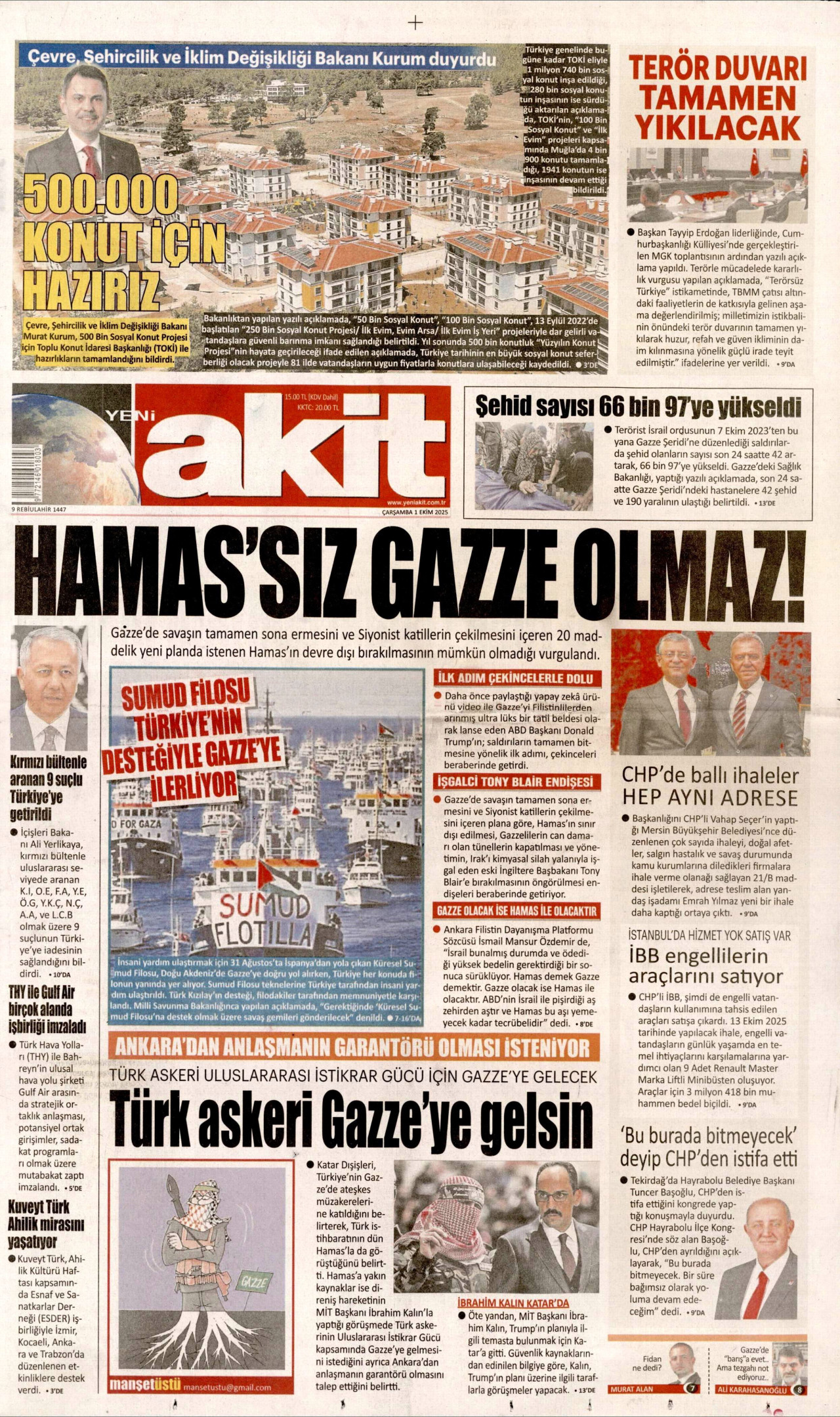 YENİ AKİT gazetesinin 1 Ekim 2025 tarihli birinci sayfası