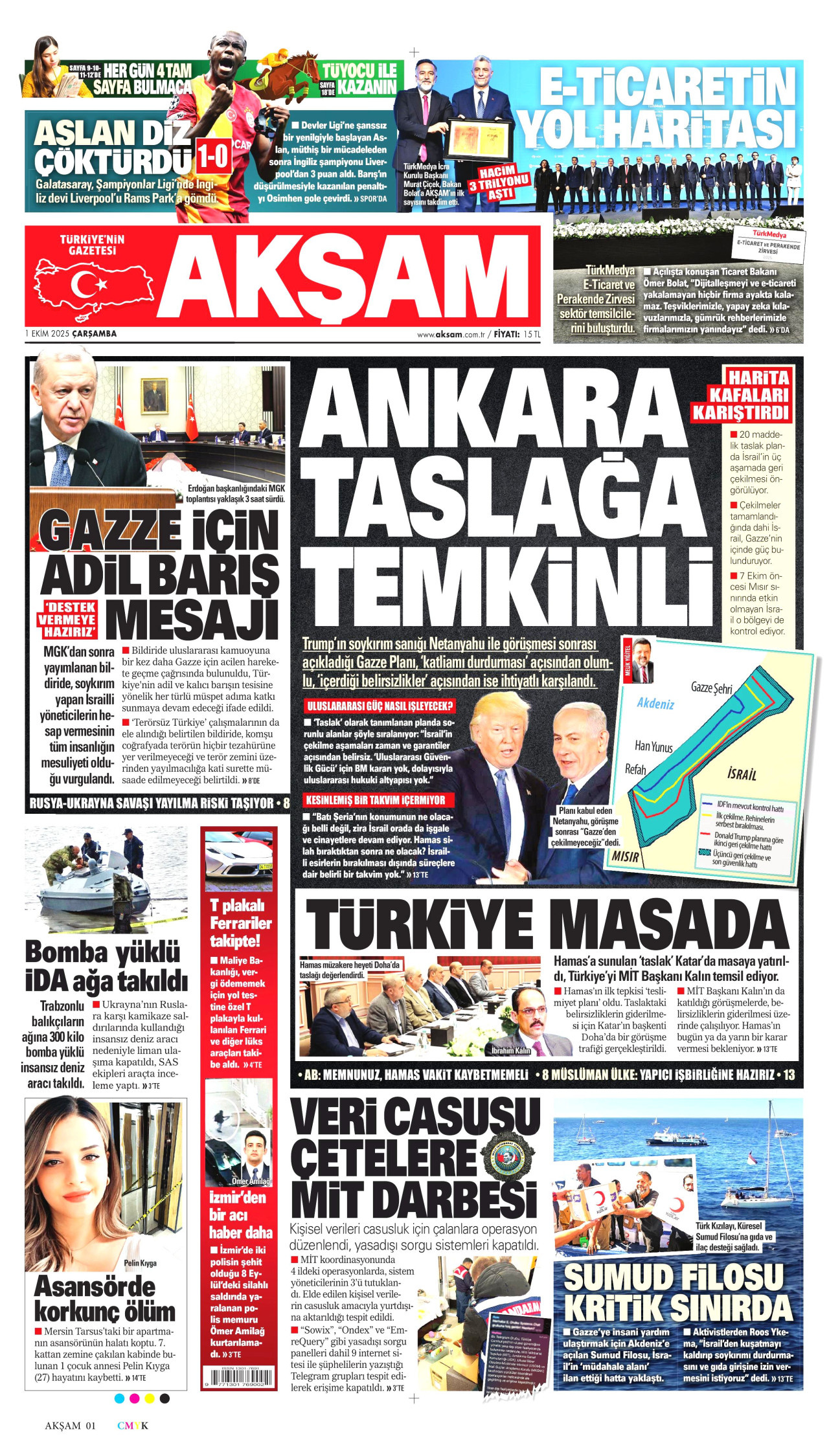 AKŞAM gazetesinin 1 Ekim 2025 tarihli birinci sayfası