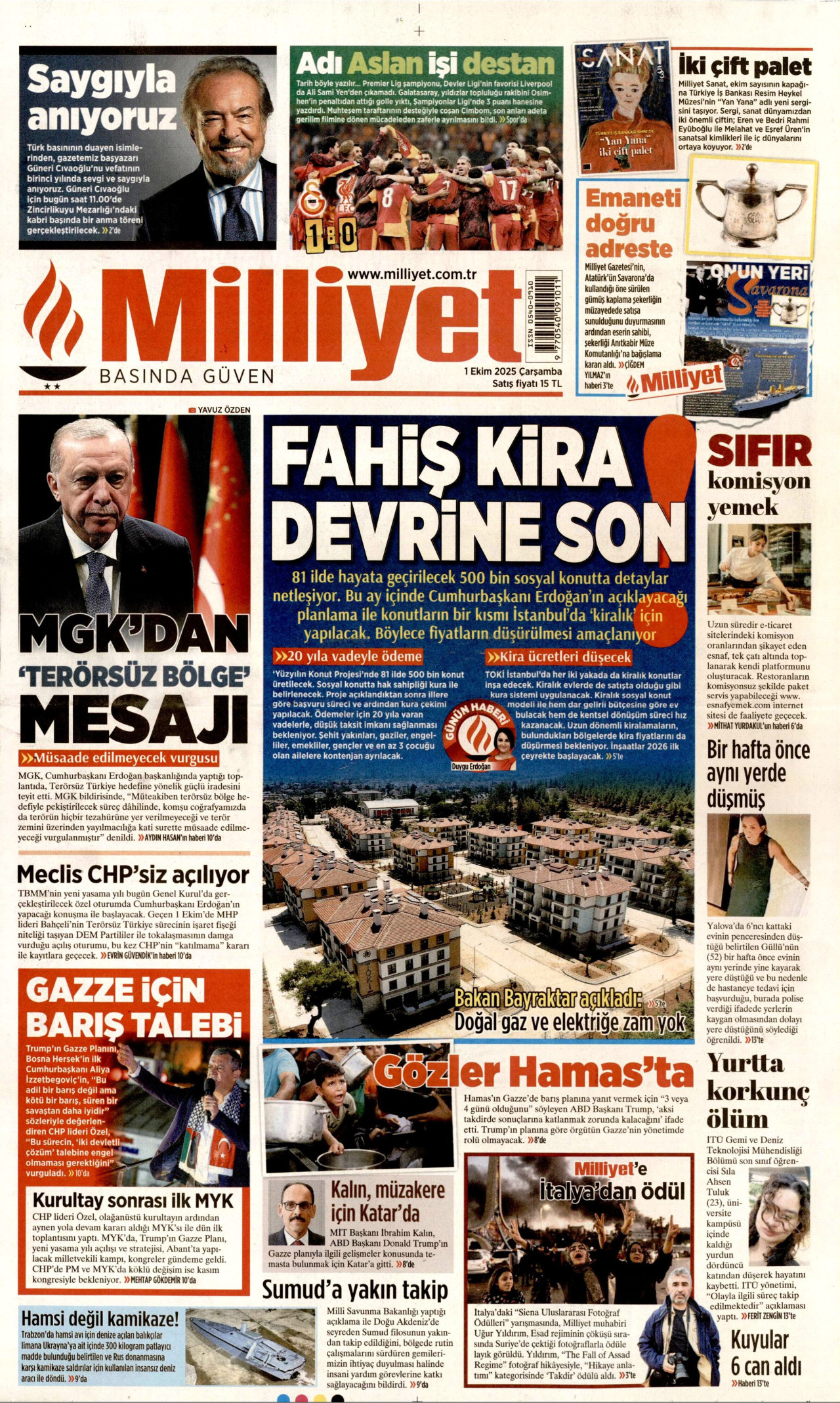 MİLLİYET gazetesinin 1 Ekim 2025 tarihli birinci sayfası