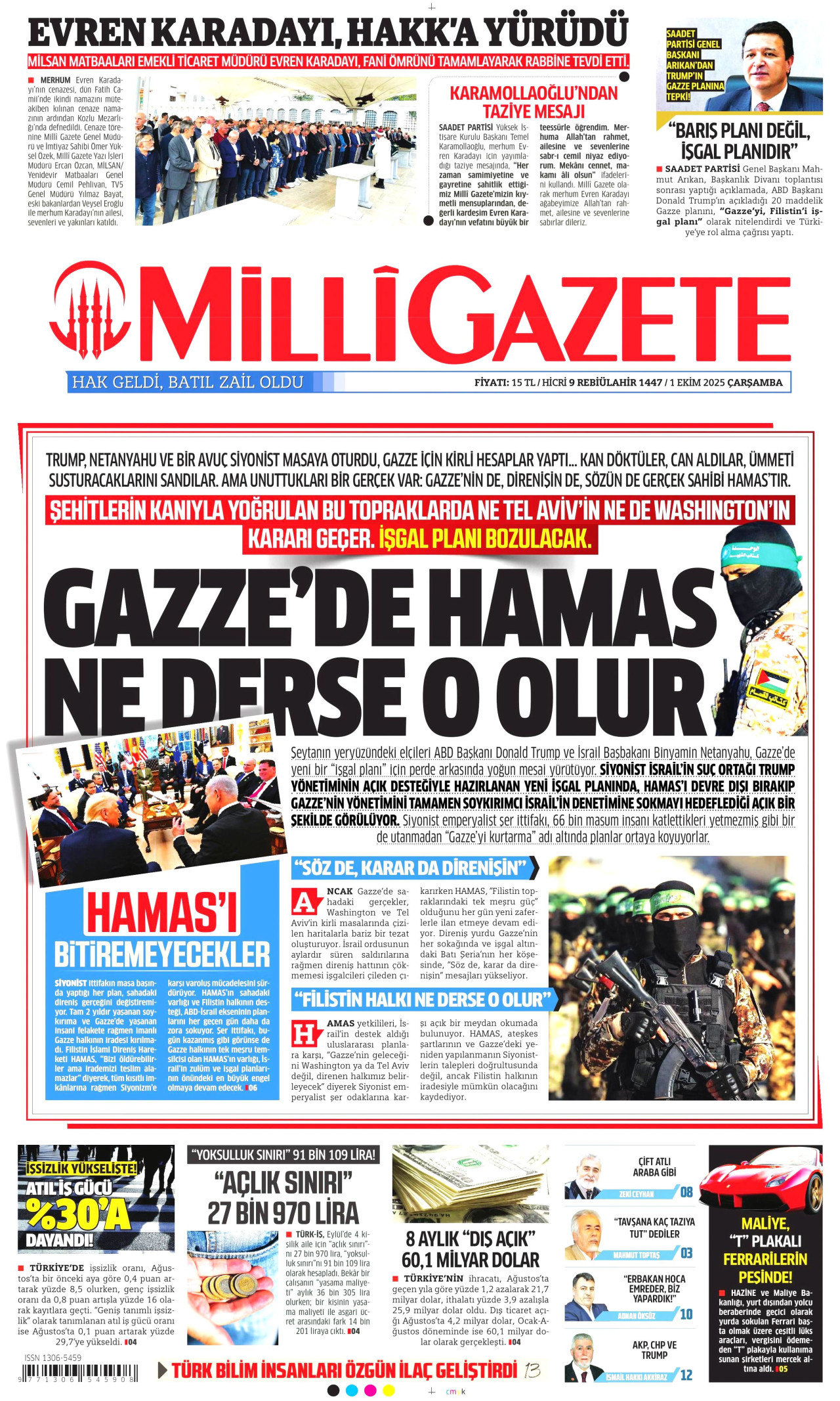MİLLİ GAZETE gazetesinin 1 Ekim 2025 tarihli birinci sayfası