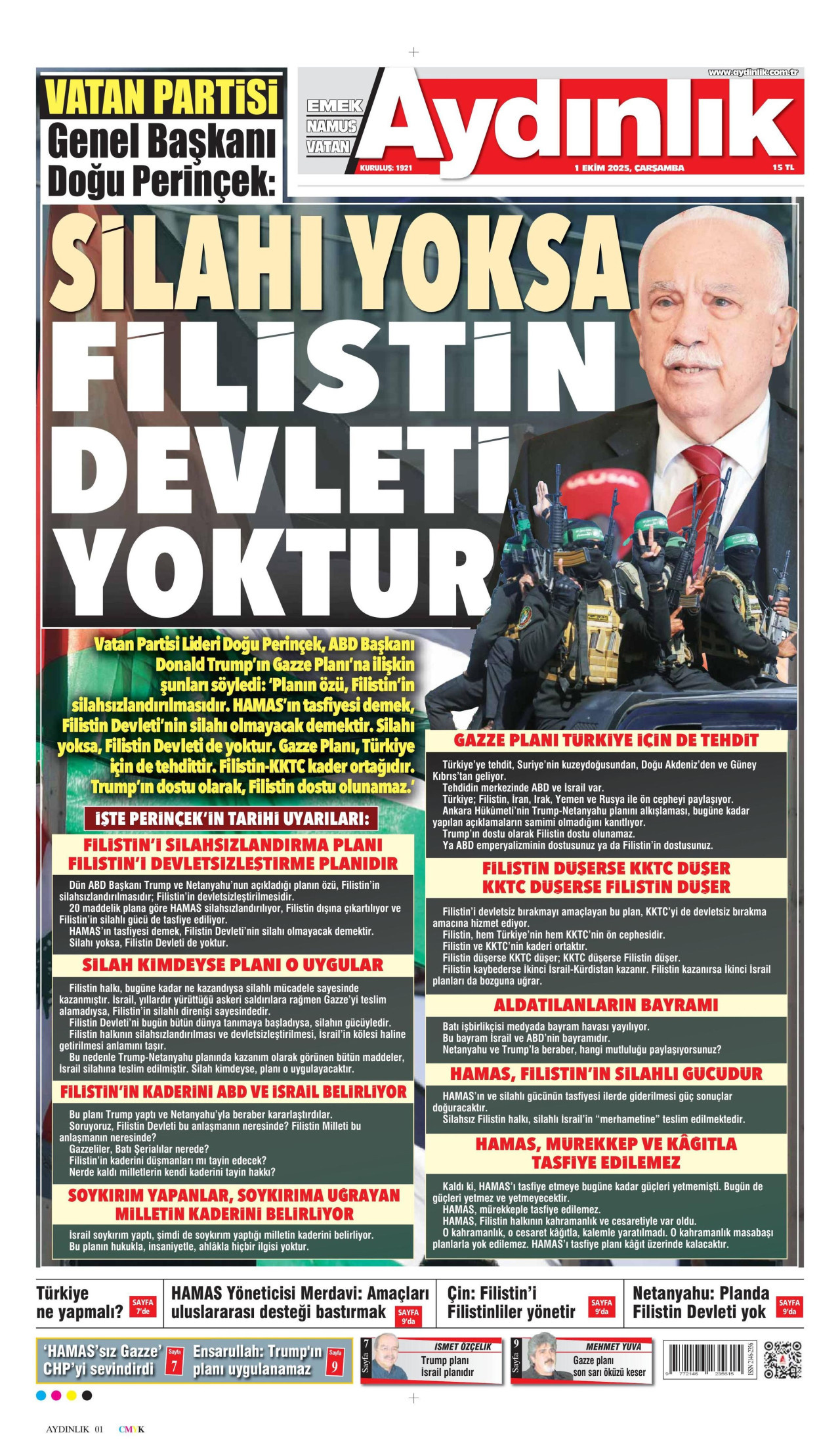 AYDINLIK GAZETESİ gazetesinin 1 Ekim 2025 tarihli birinci sayfası