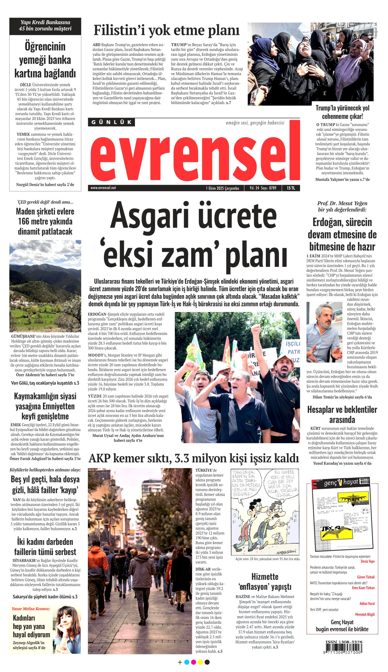 EVRENSEL gazetesinin 1 Ekim 2025 tarihli birinci sayfası
