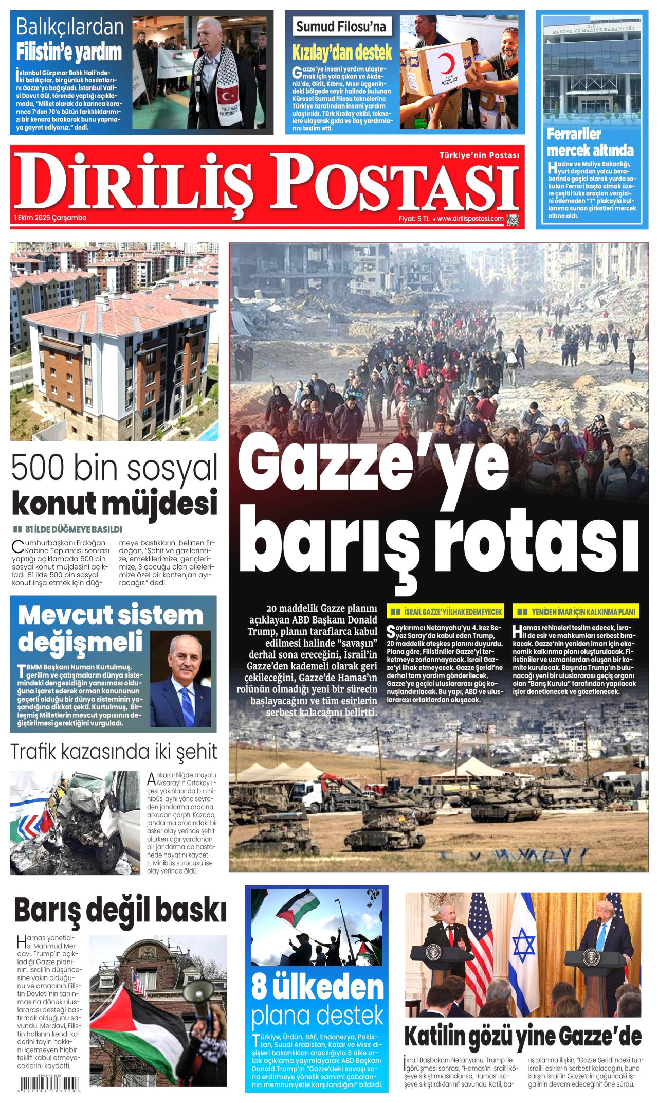 DİRİLİŞ POSTASI gazetesinin 1 Ekim 2025 tarihli birinci sayfası