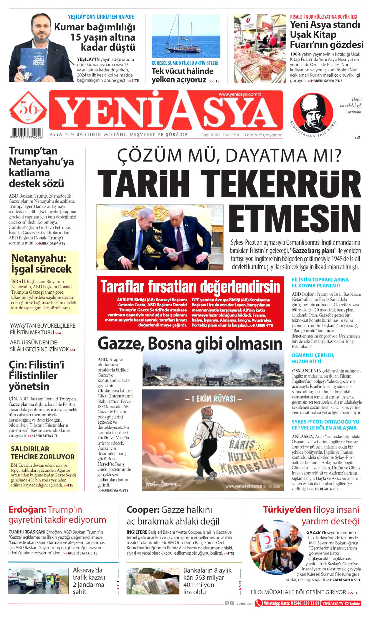 YENİ ASYA gazetesinin 1 Ekim 2025 tarihli birinci sayfası