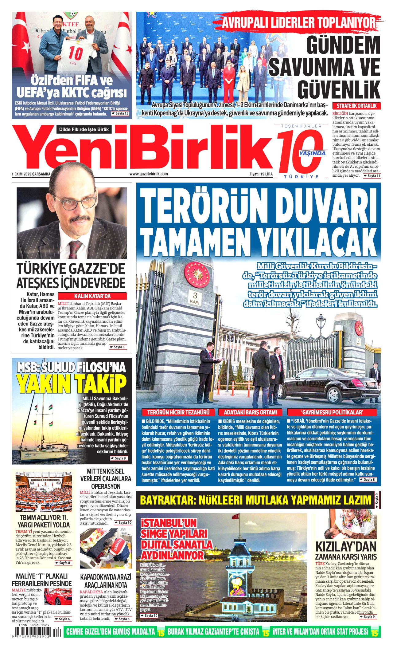 YENİBİRLİK gazetesinin 1 Ekim 2025 tarihli birinci sayfası