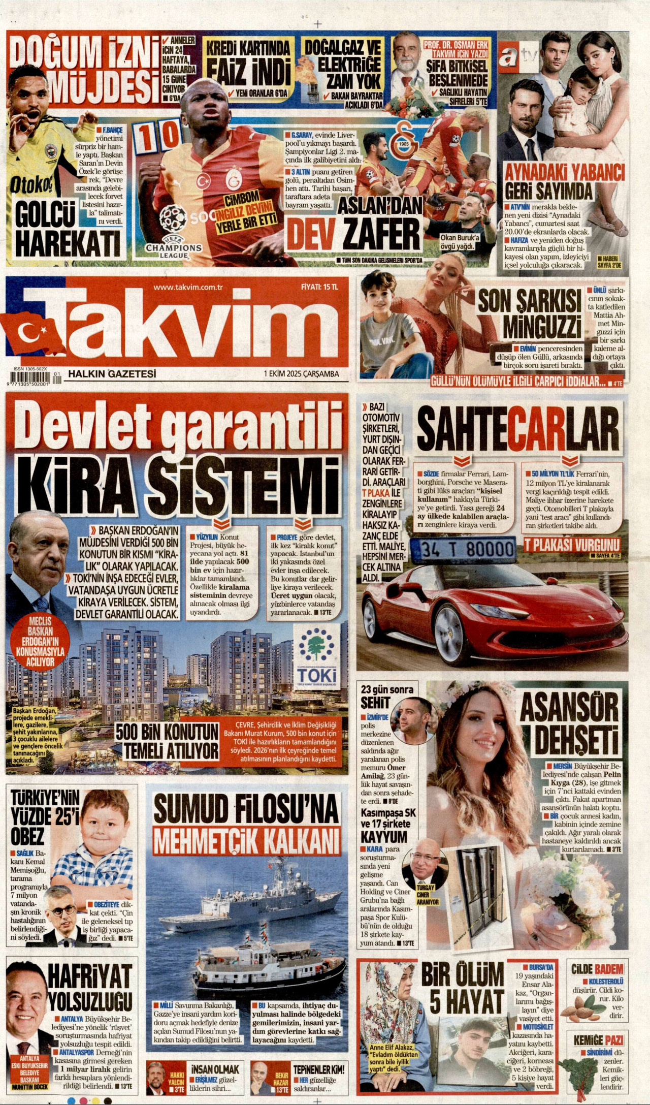 TAKVİM gazetesinin 1 Ekim 2025 tarihli birinci sayfası