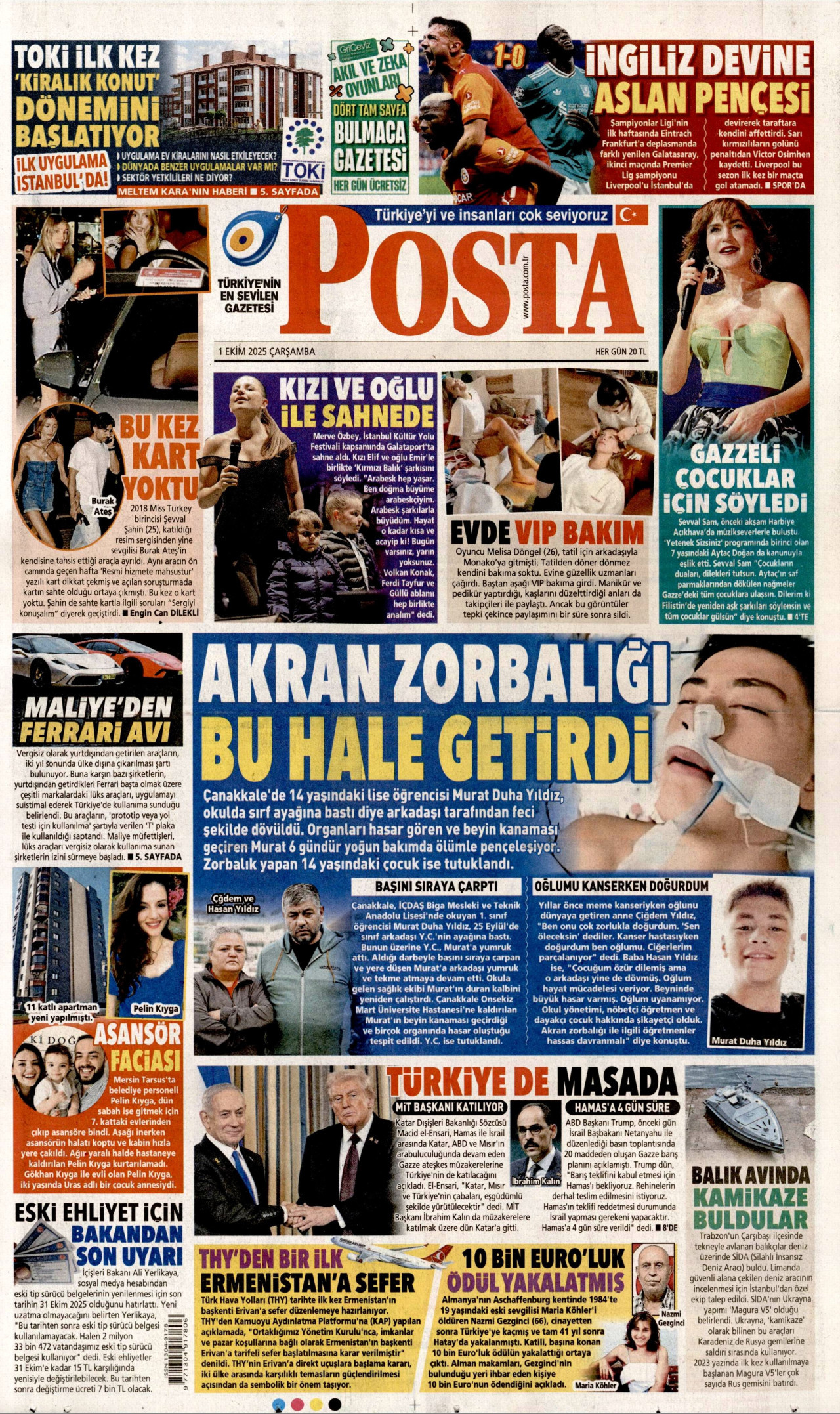 POSTA gazetesinin 1 Ekim 2025 tarihli birinci sayfası