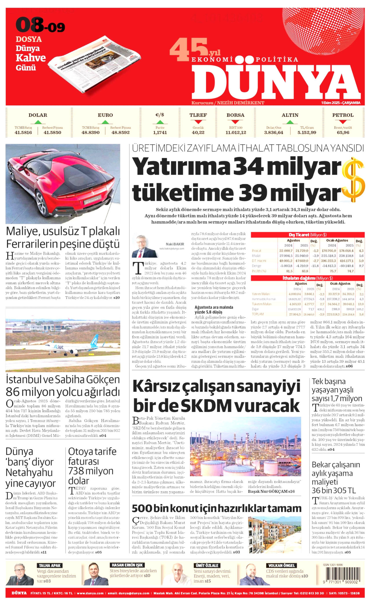 DÜNYA gazetesinin 1 Ekim 2025 tarihli birinci sayfası