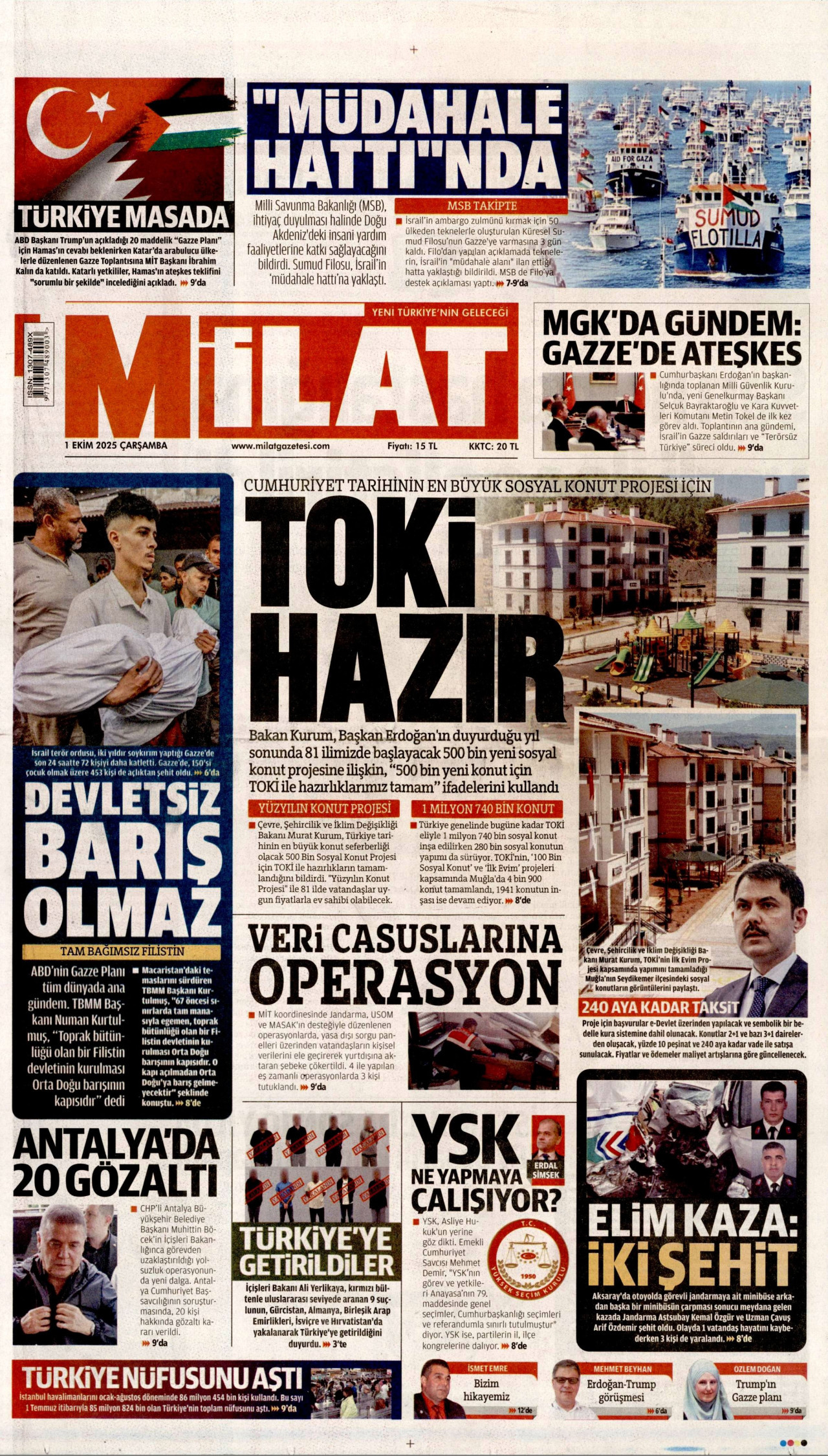 MİLAT gazetesinin 1 Ekim 2025 tarihli birinci sayfası