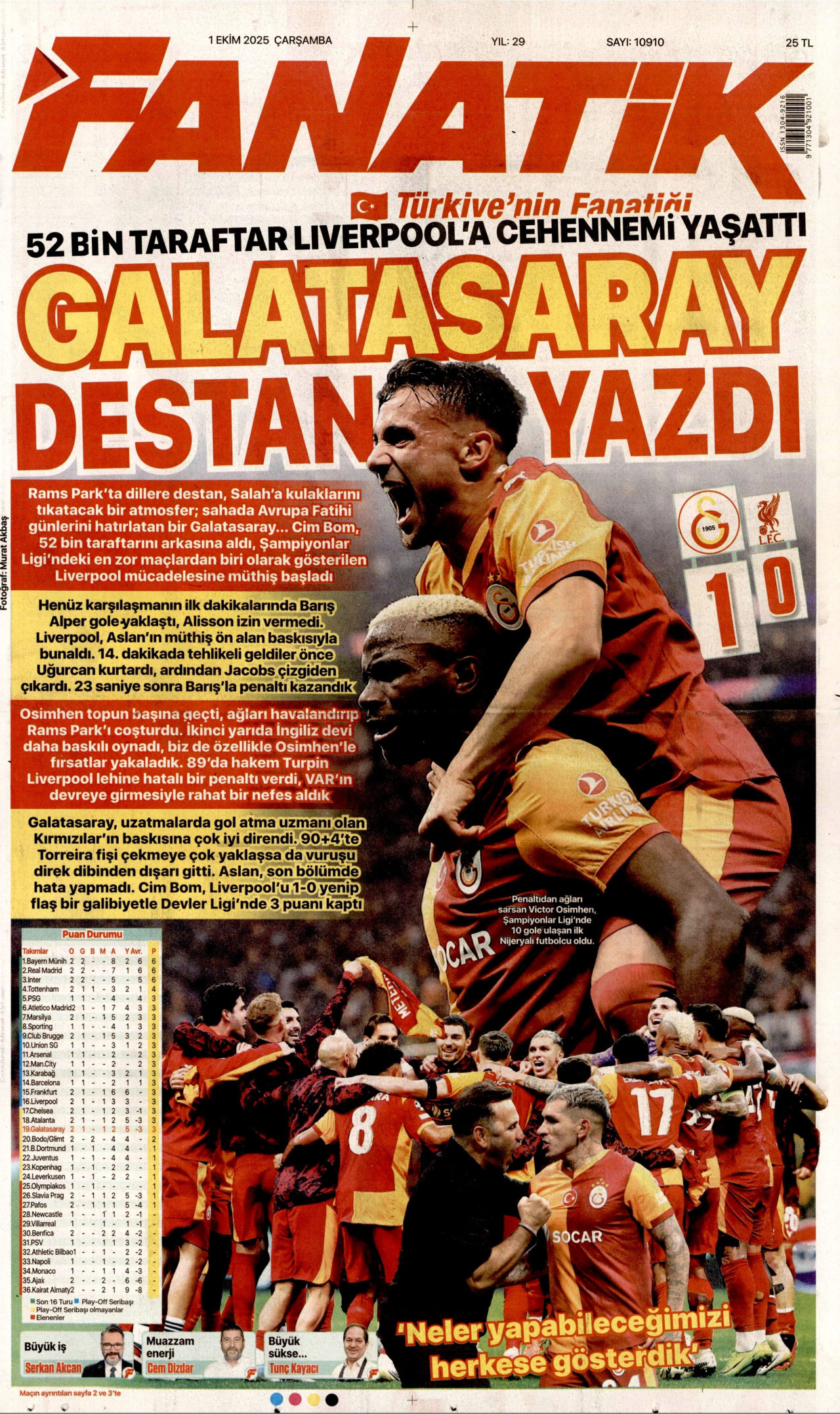 FANATİK gazetesinin 1 Ekim 2025 tarihli birinci sayfası