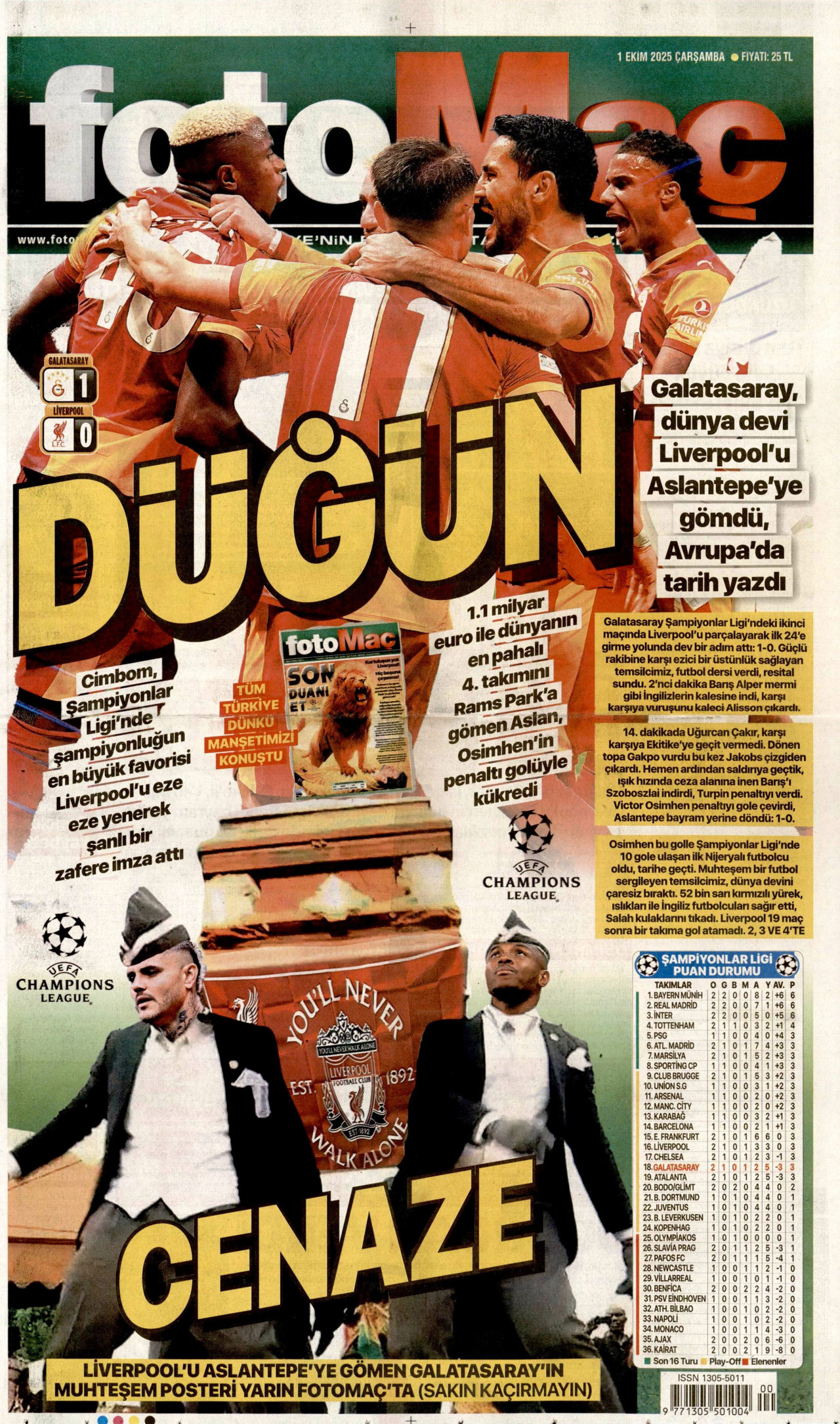 FOTOMAÇ gazetesinin 1 Ekim 2025 tarihli birinci sayfası