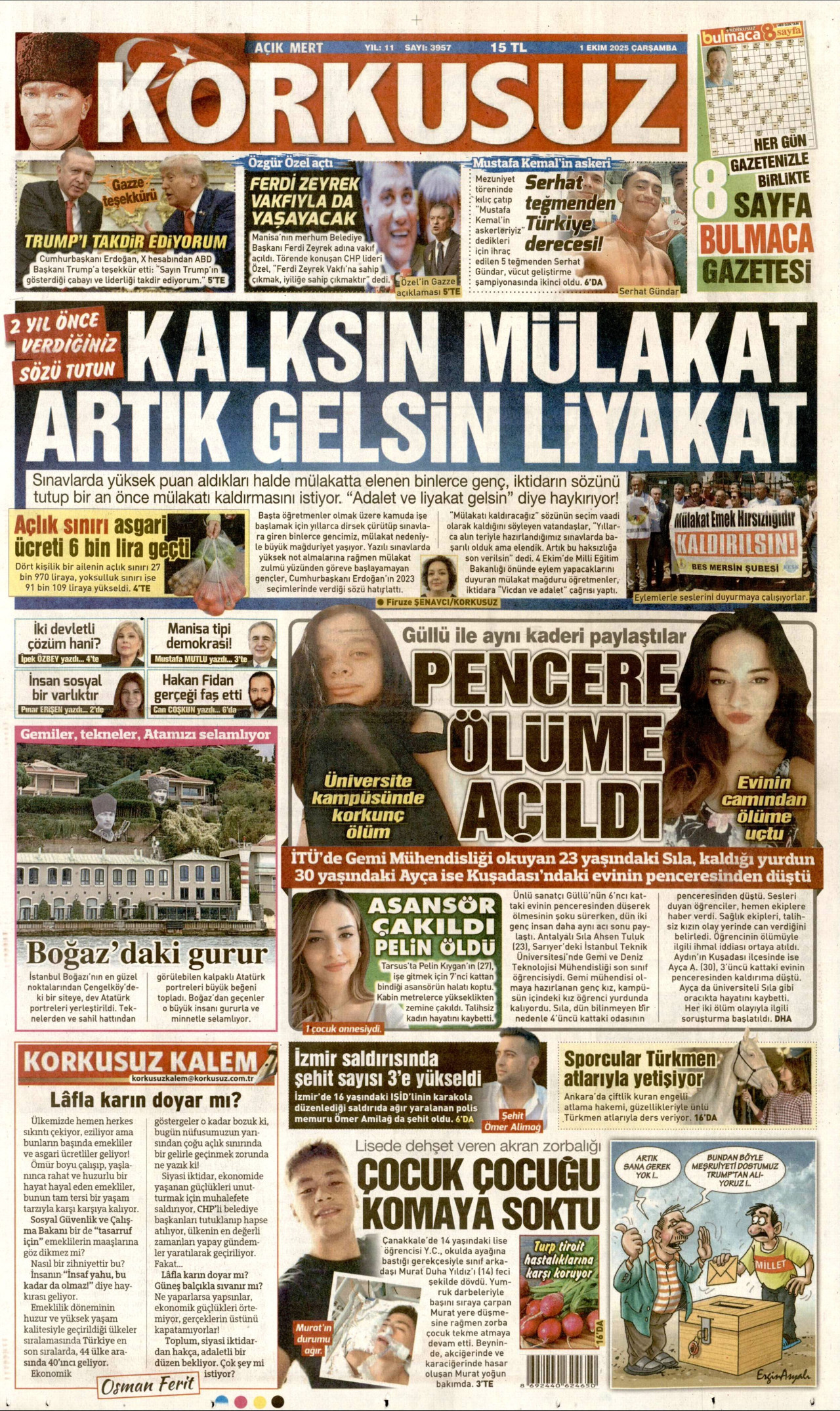 KORKUSUZ gazetesinin 1 Ekim 2025 tarihli birinci sayfası