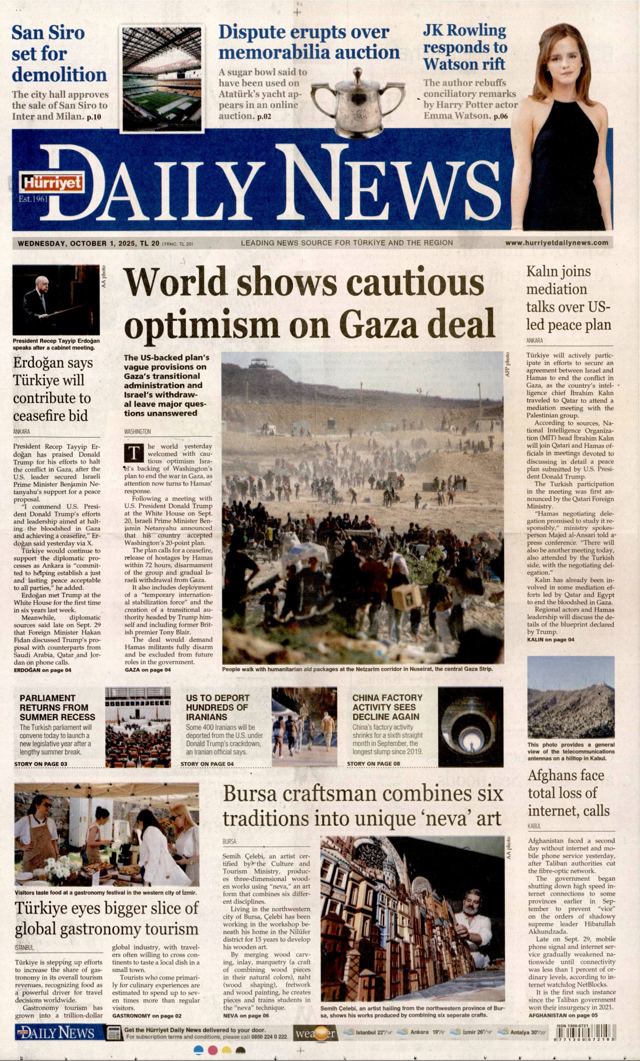 HÜRRİYET DAİLY NEWS gazetesinin 1 Ekim 2025 tarihli birinci sayfası