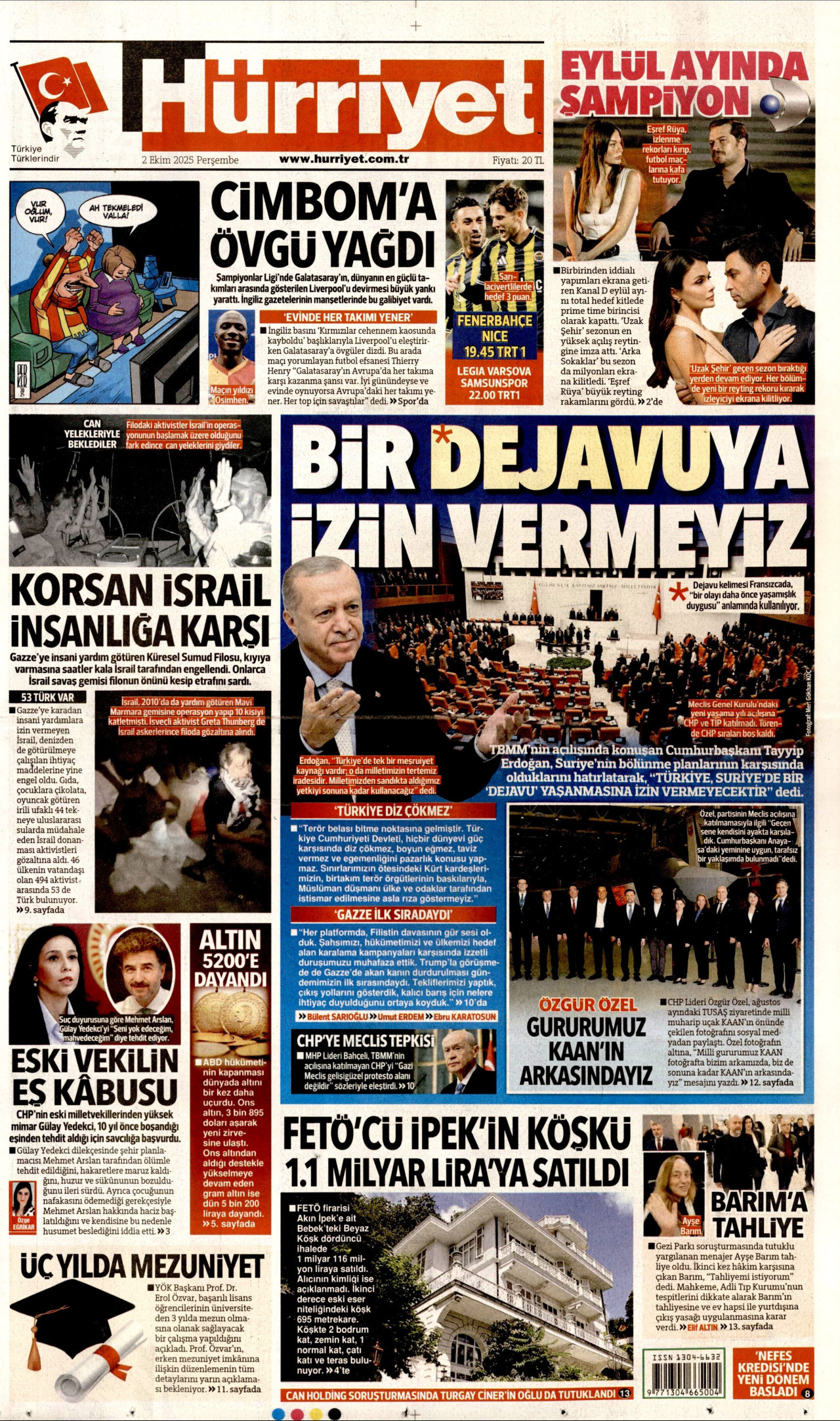 HÜRRİYET gazetesinin 2 Ekim 2025 tarihli birinci sayfası