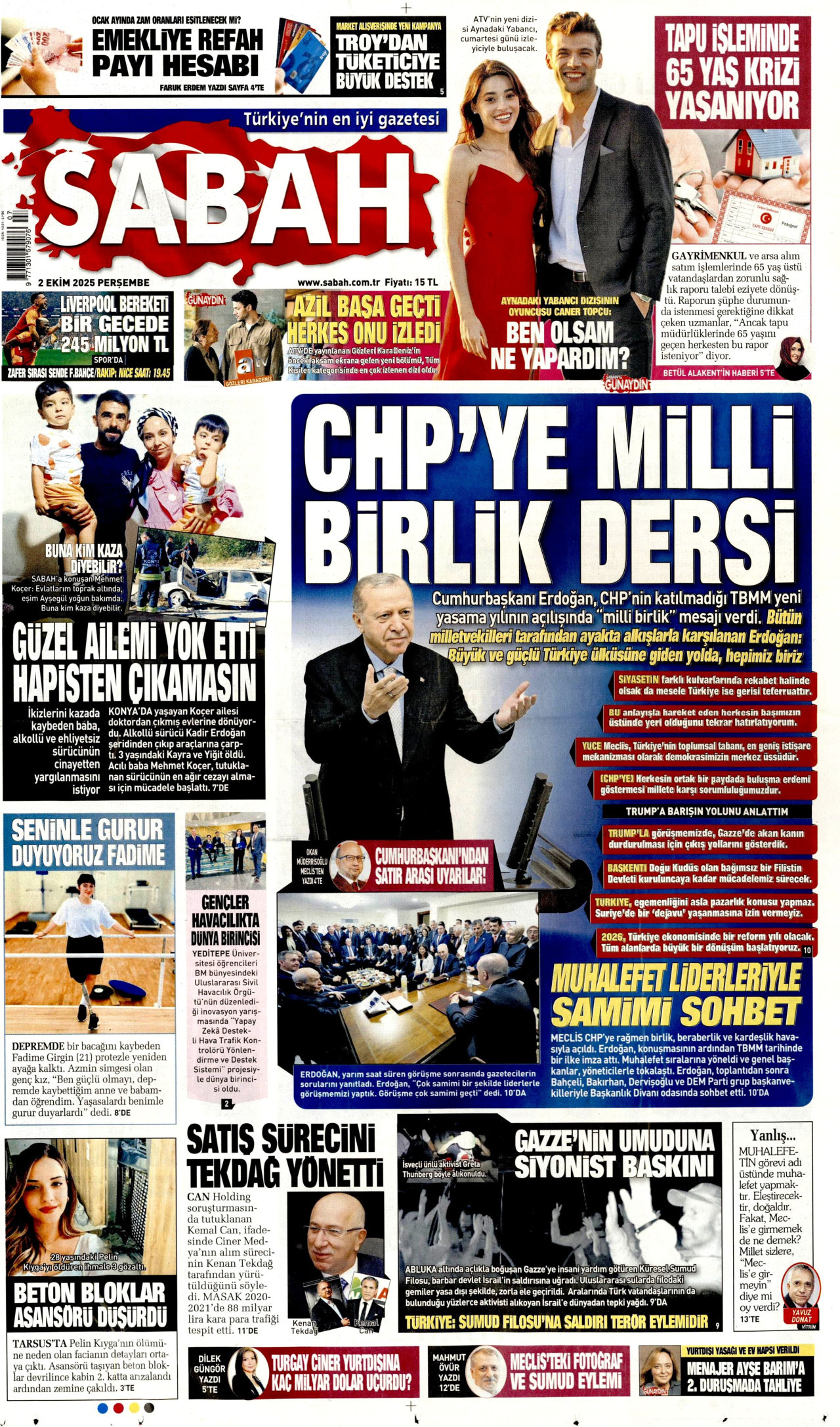 SABAH gazetesinin 2 Ekim 2025 tarihli birinci sayfası
