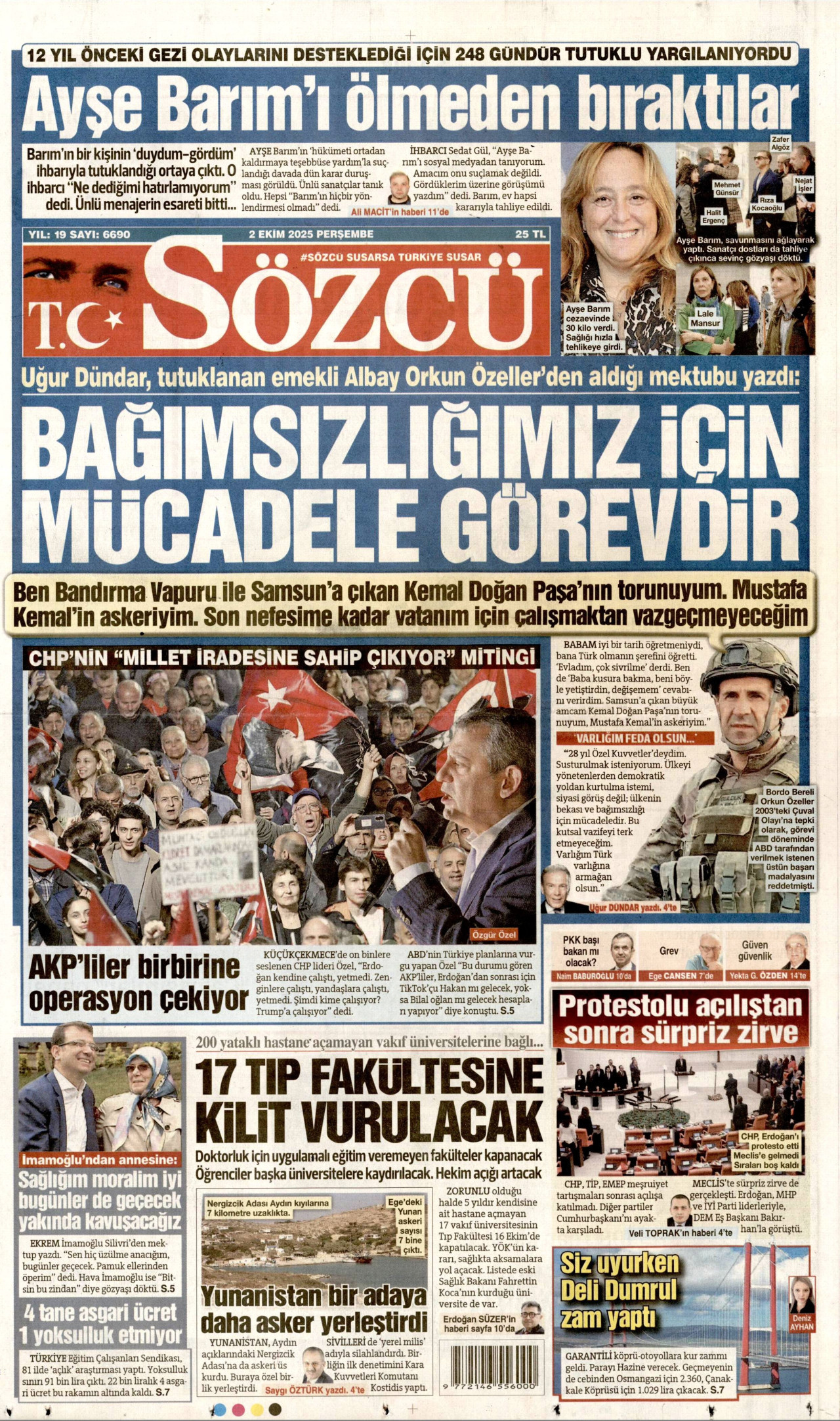 SÖZCÜ gazetesinin 2 Ekim 2025 tarihli birinci sayfası