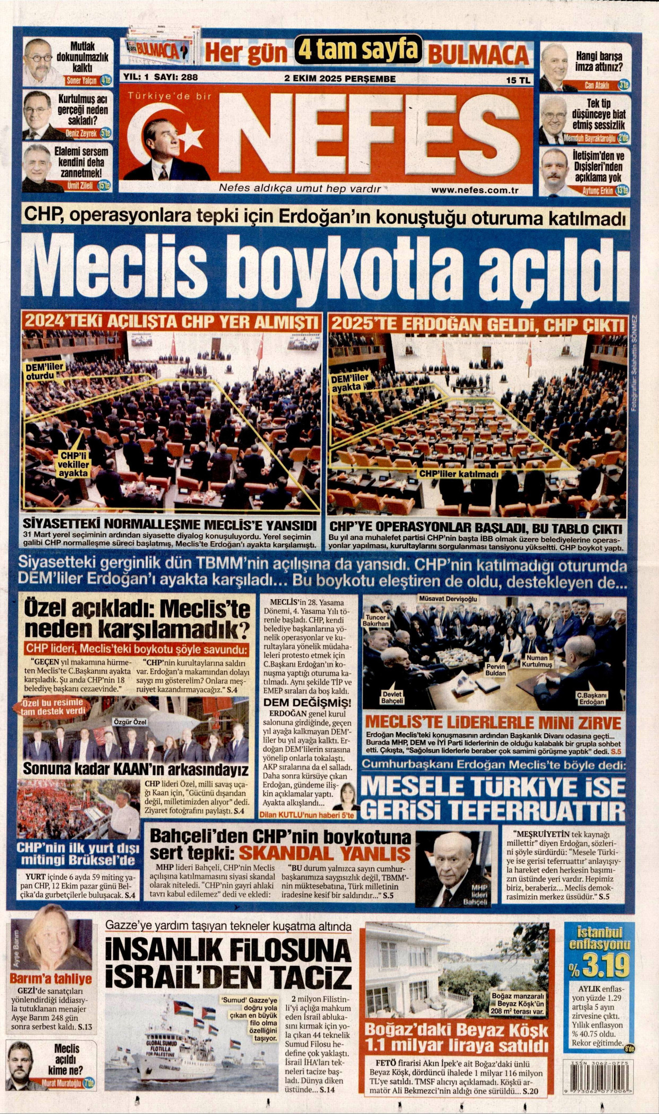 NEFES gazetesinin 2 Ekim 2025 tarihli birinci sayfası