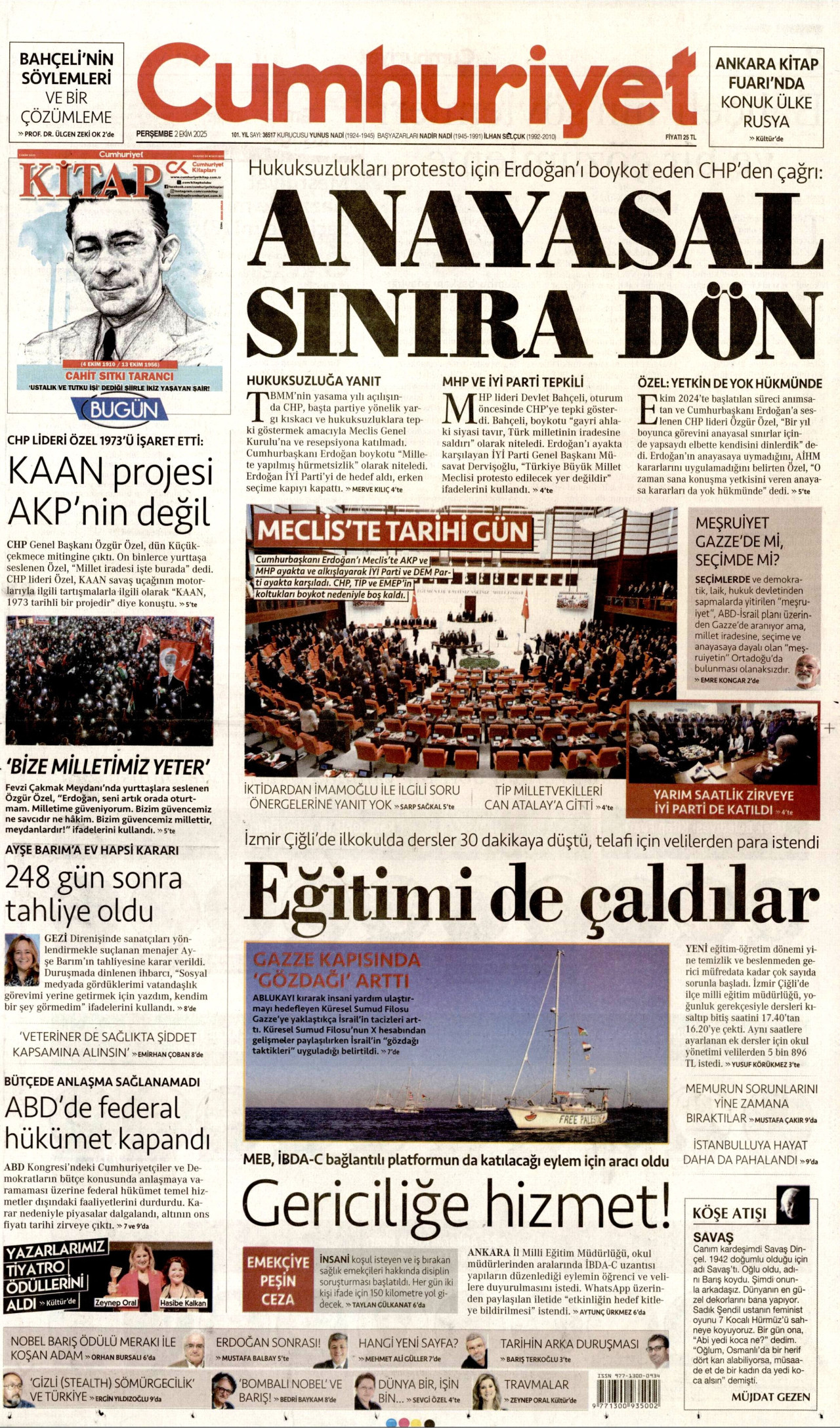 CUMHURİYET gazetesinin 2 Ekim 2025 tarihli birinci sayfası