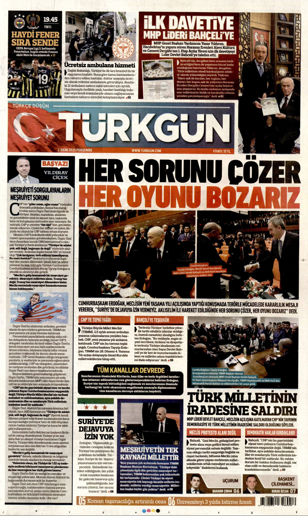 TÜRKGÜN gazetesinin 2 Ekim 2025 tarihli birinci sayfası