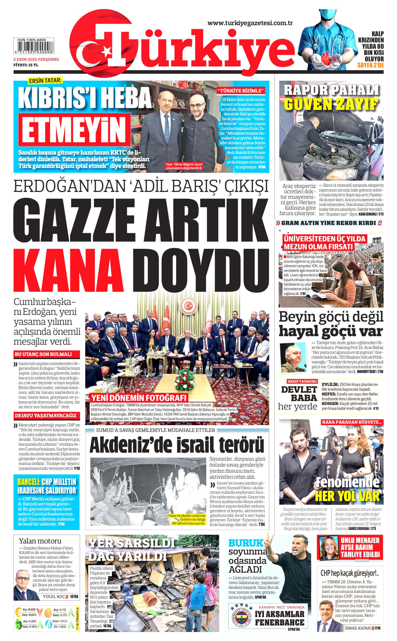 TÜRKİYE GAZETESİ gazetesinin 2 Ekim 2025 tarihli birinci sayfası