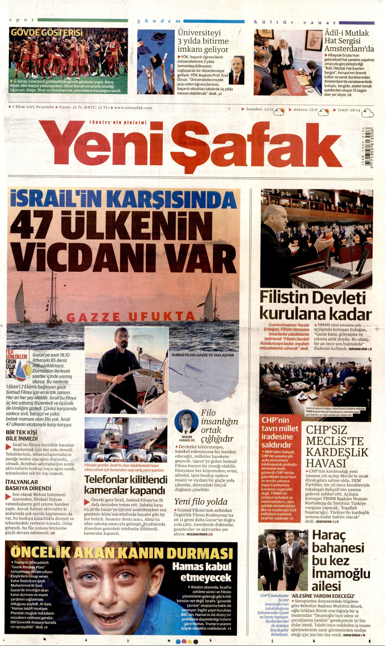 YENİ ŞAFAK gazetesinin 2 Ekim 2025 tarihli birinci sayfası