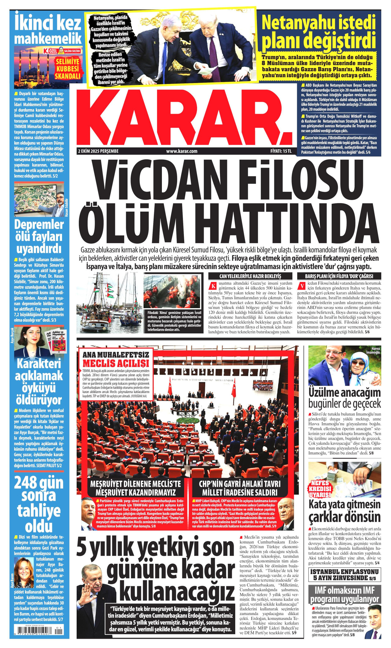 KARAR gazetesinin 2 Ekim 2025 tarihli birinci sayfası