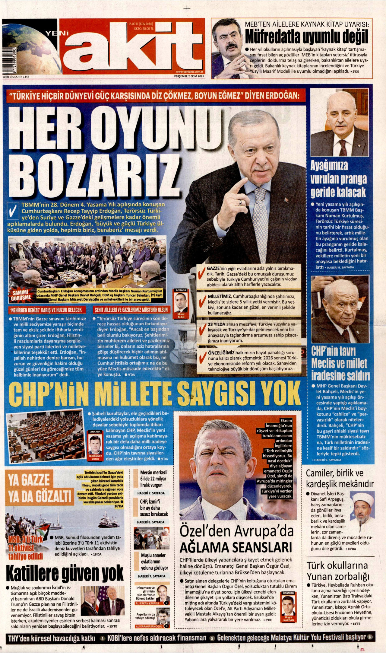 YENİ AKİT gazetesinin 2 Ekim 2025 tarihli birinci sayfası