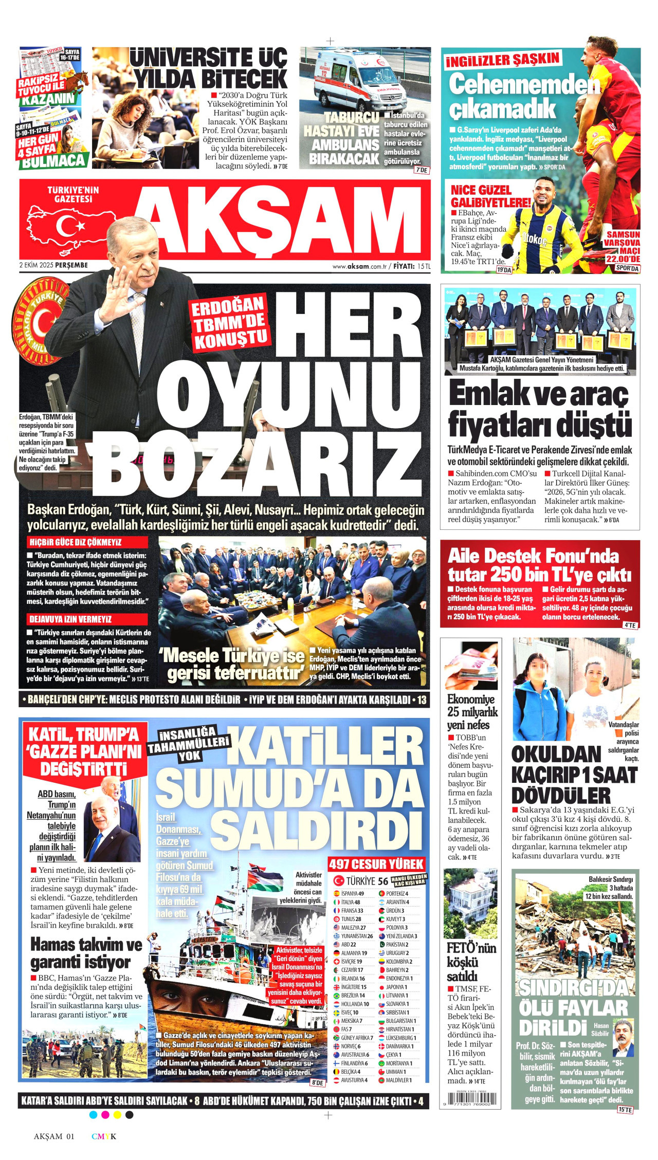 AKŞAM gazetesinin 2 Ekim 2025 tarihli birinci sayfası