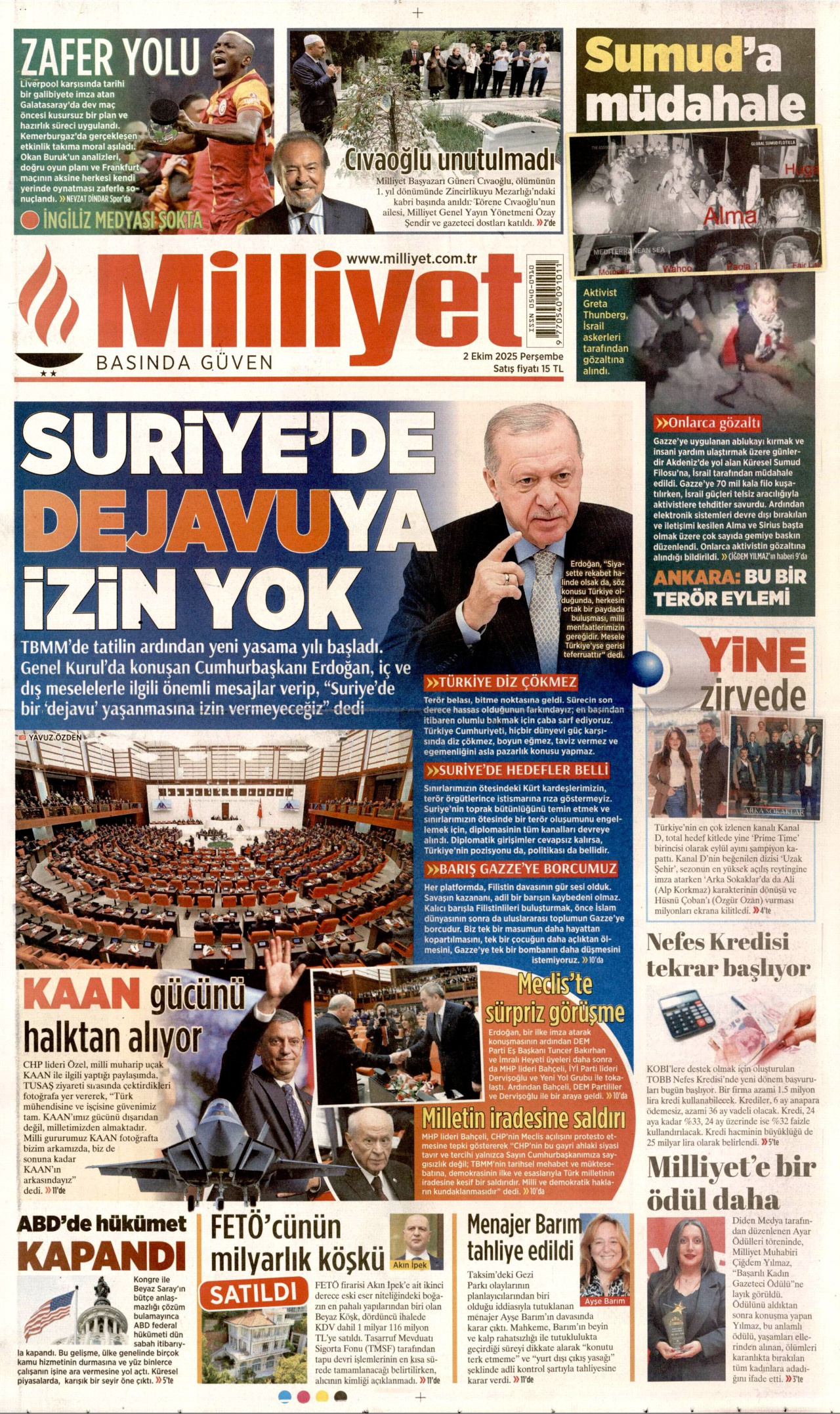 MİLLİYET gazetesinin 2 Ekim 2025 tarihli birinci sayfası