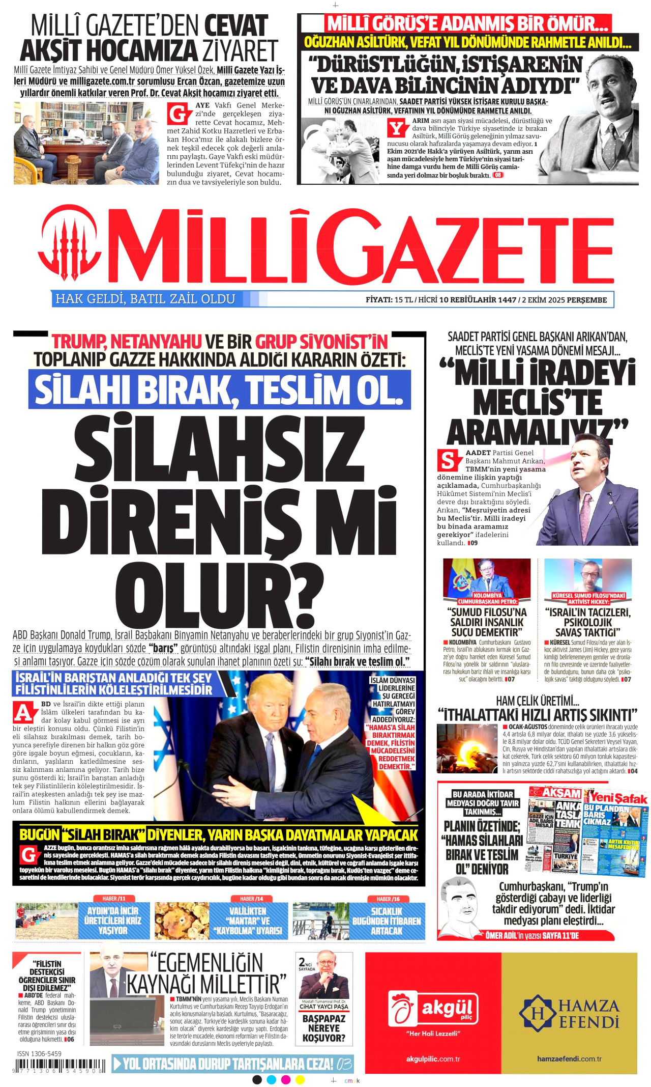 MİLLİ GAZETE gazetesinin 2 Ekim 2025 tarihli birinci sayfası