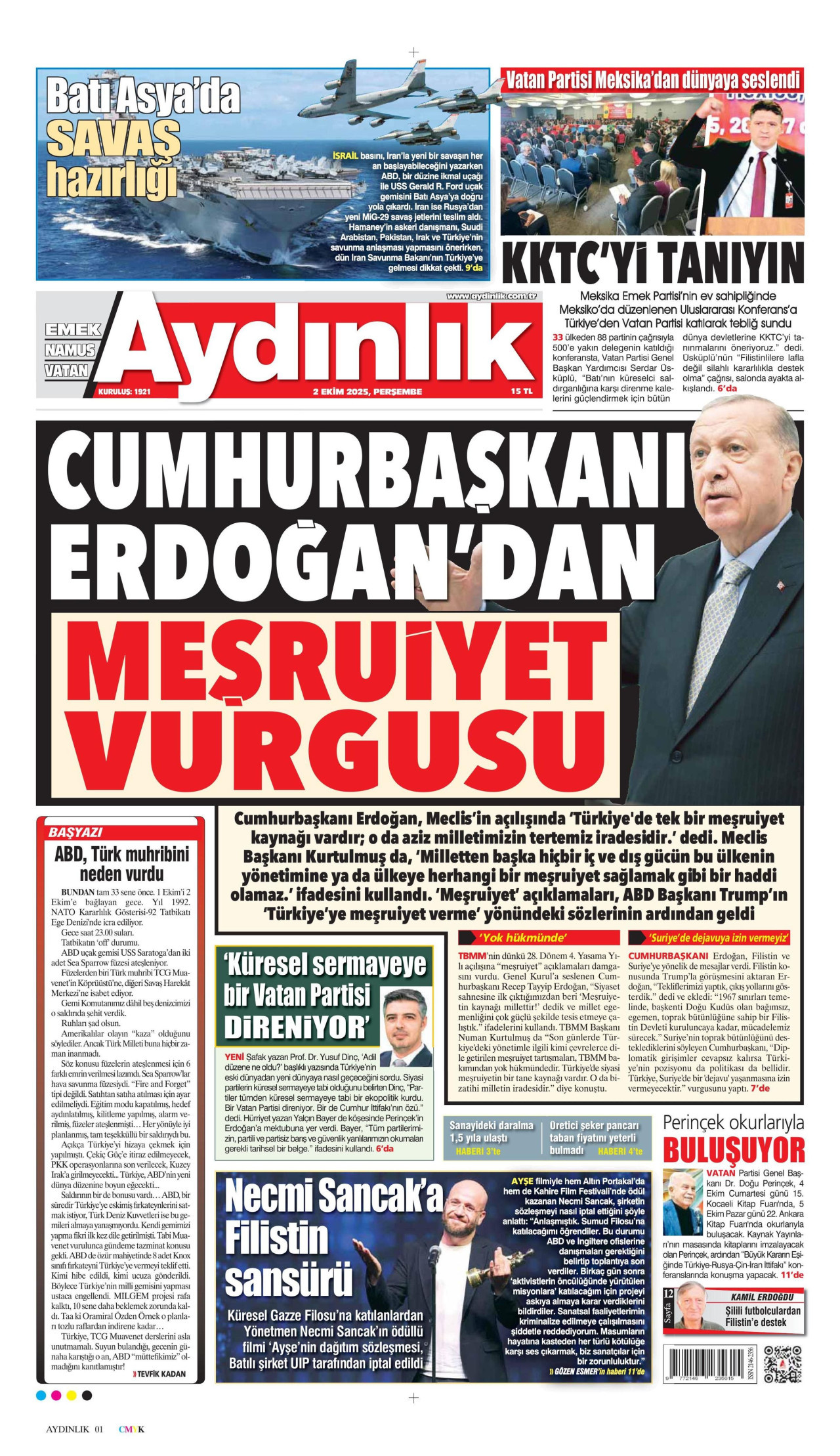 AYDINLIK GAZETESİ gazetesinin 2 Ekim 2025 tarihli birinci sayfası