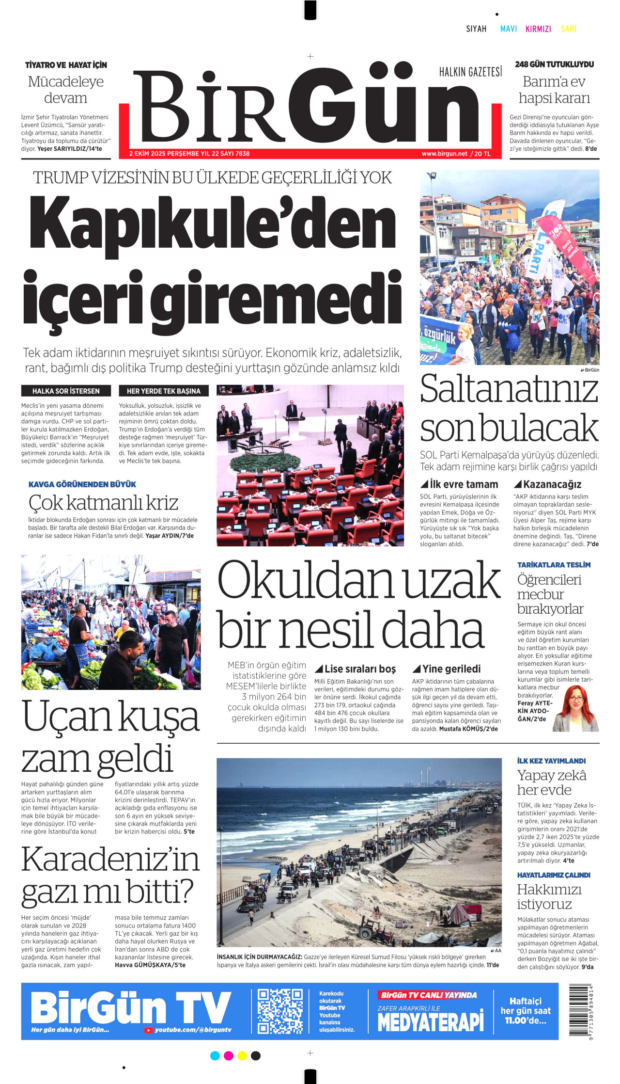 BİRGÜN gazetesinin 2 Ekim 2025 tarihli birinci sayfası