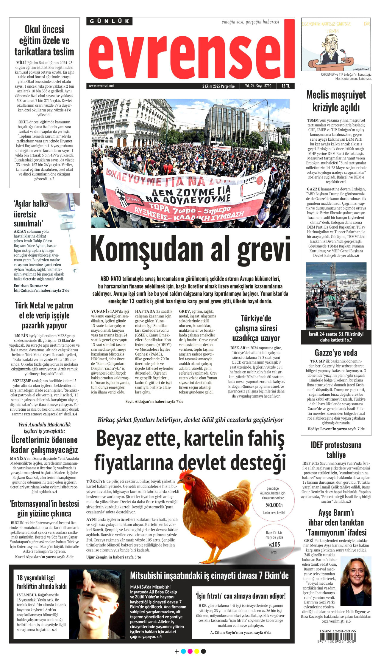 EVRENSEL gazetesinin 2 Ekim 2025 tarihli birinci sayfası