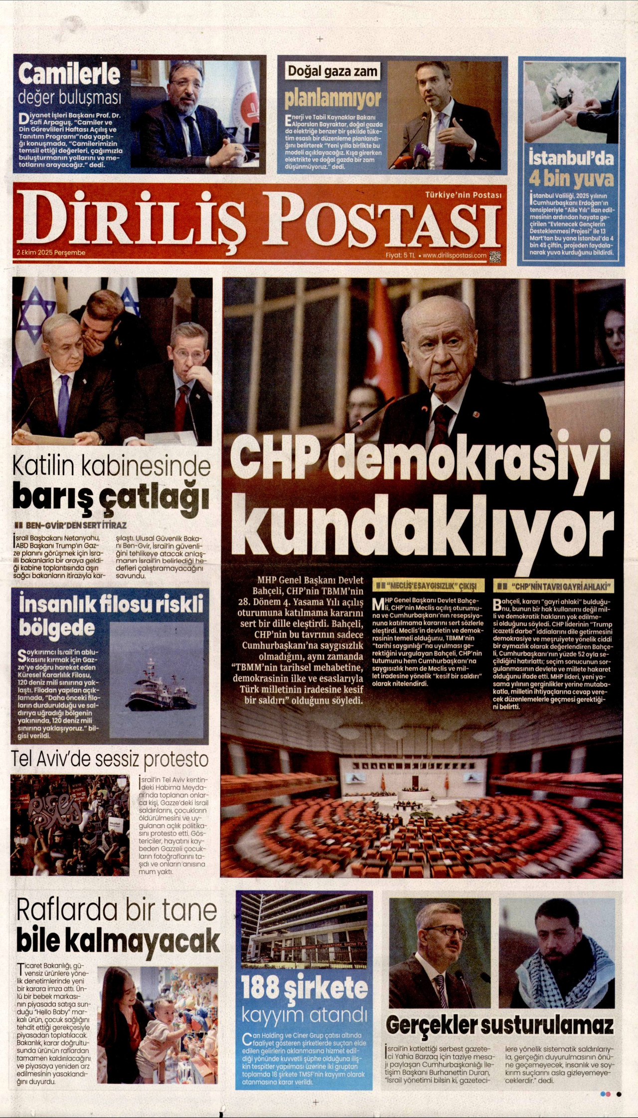 DİRİLİŞ POSTASI gazetesinin 2 Ekim 2025 tarihli birinci sayfası