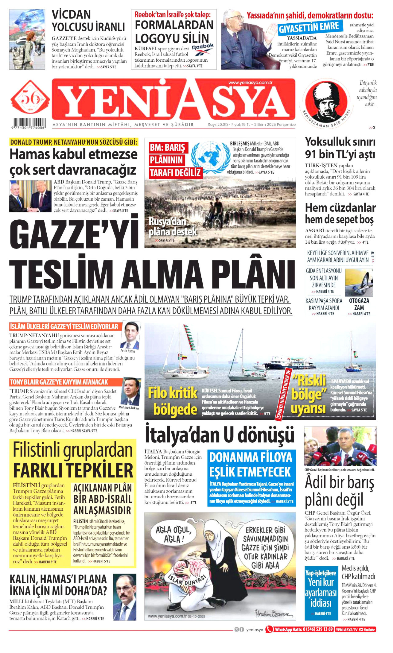 YENİ ASYA gazetesinin 2 Ekim 2025 tarihli birinci sayfası