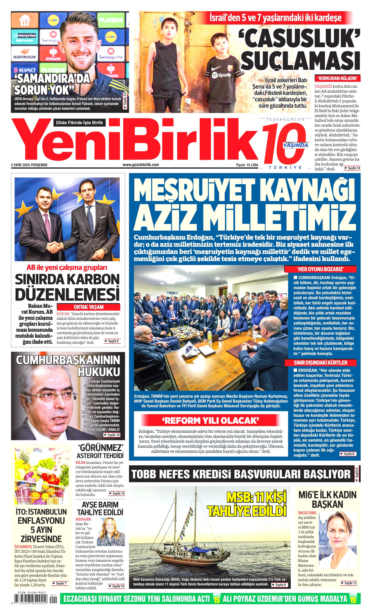 YENİBİRLİK gazetesinin 2 Ekim 2025 tarihli birinci sayfası
