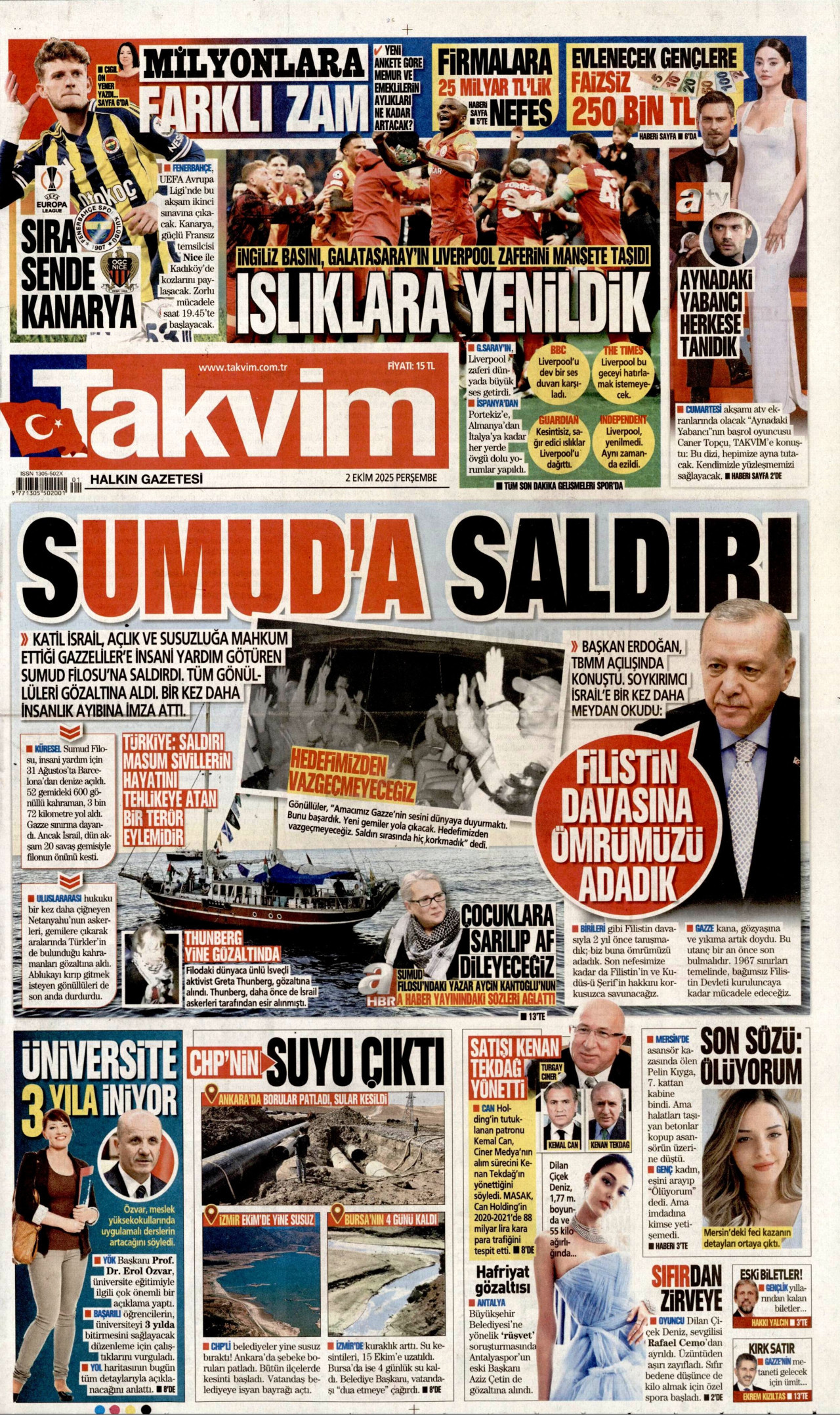 TAKVİM gazetesinin 2 Ekim 2025 tarihli birinci sayfası