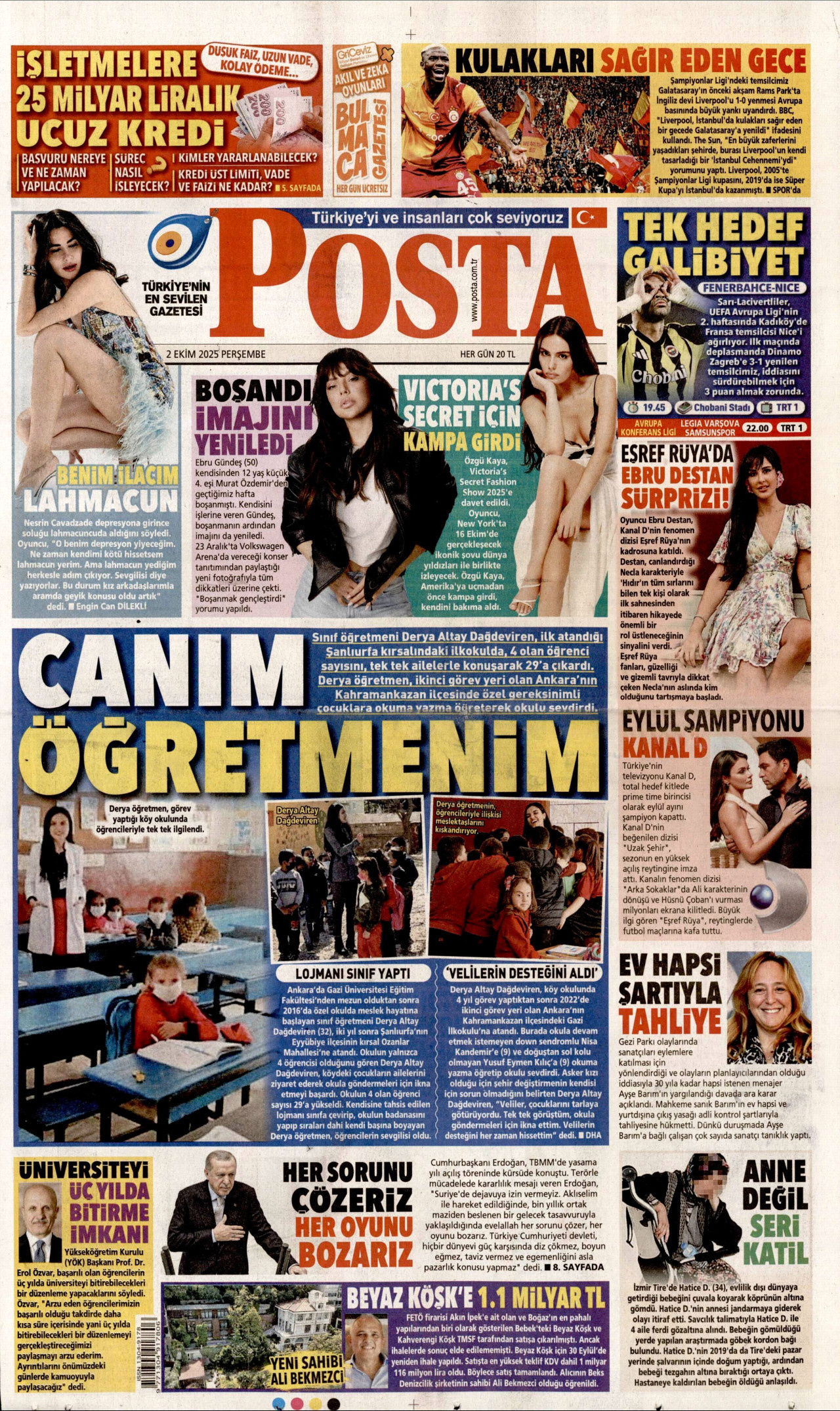 POSTA gazetesinin 2 Ekim 2025 tarihli birinci sayfası
