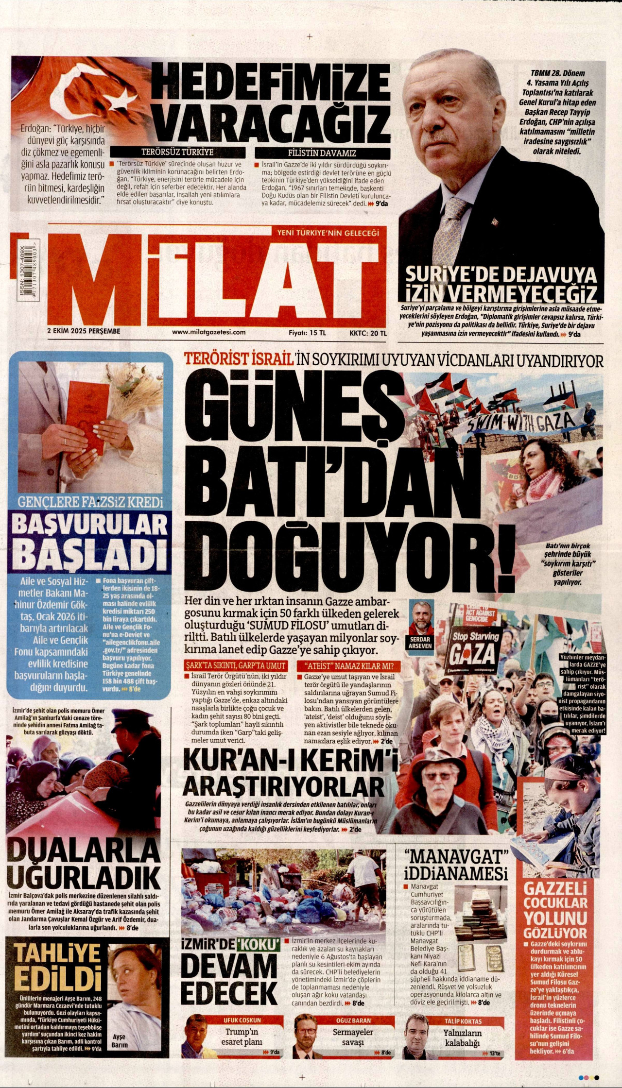 MİLAT gazetesinin 2 Ekim 2025 tarihli birinci sayfası